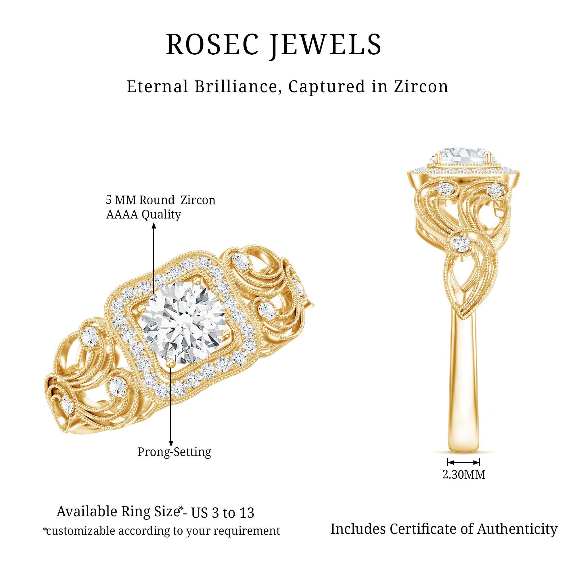 Zircon Vintage Inspired Halo Engagement Ring AAAA - Rosec Jewels