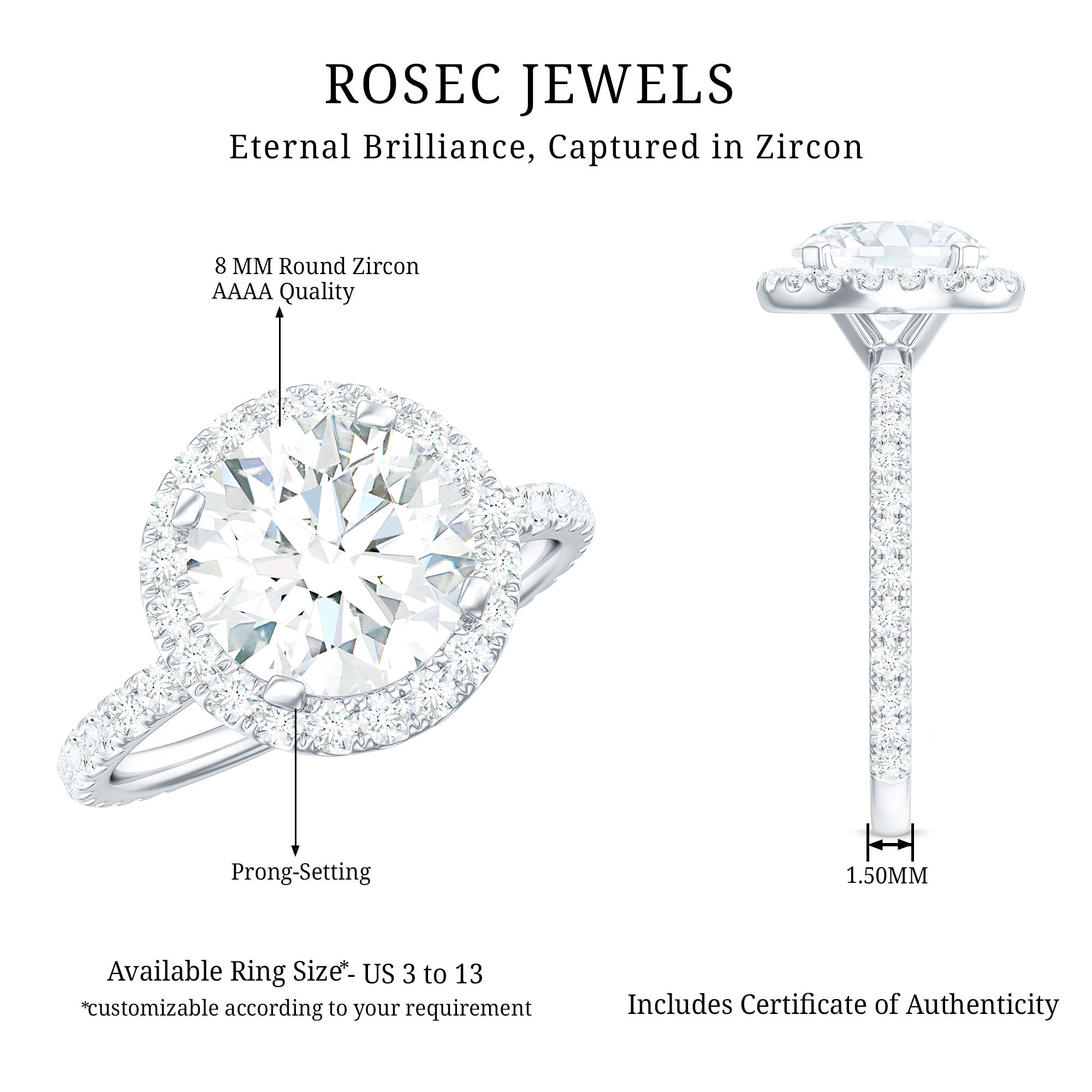 Certified Cubic Zirconia Classic Floating Halo Engagement Ring AAAA - Rosec Jewels