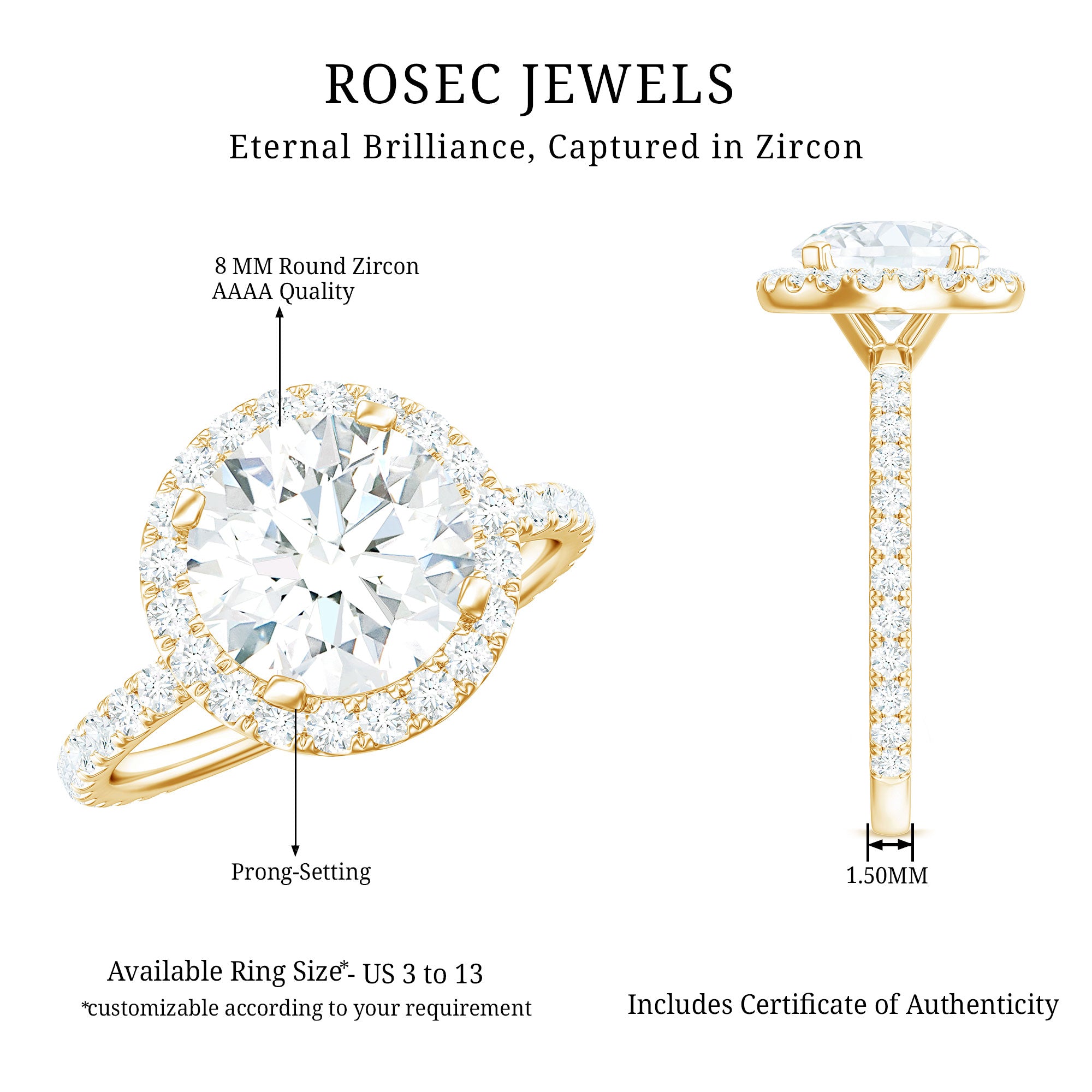Certified Cubic Zirconia Classic Floating Halo Engagement Ring AAAA - Rosec Jewels