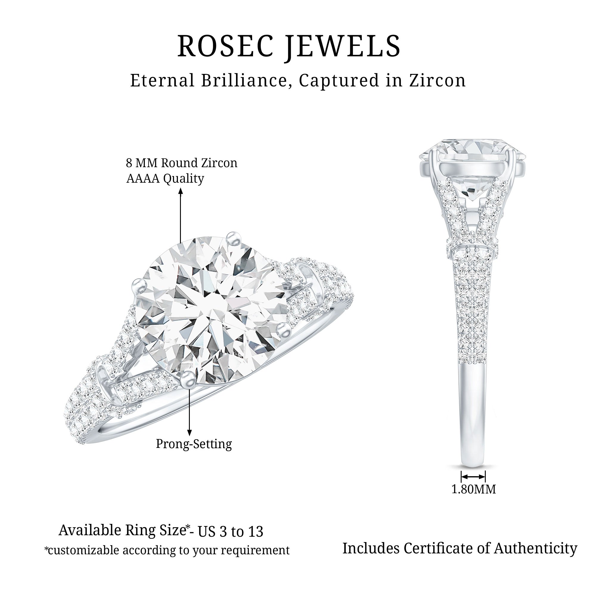 3 CT Simulated Diamond Solitaire Engagement Ring with Split Shank AAAA - Rosec Jewels