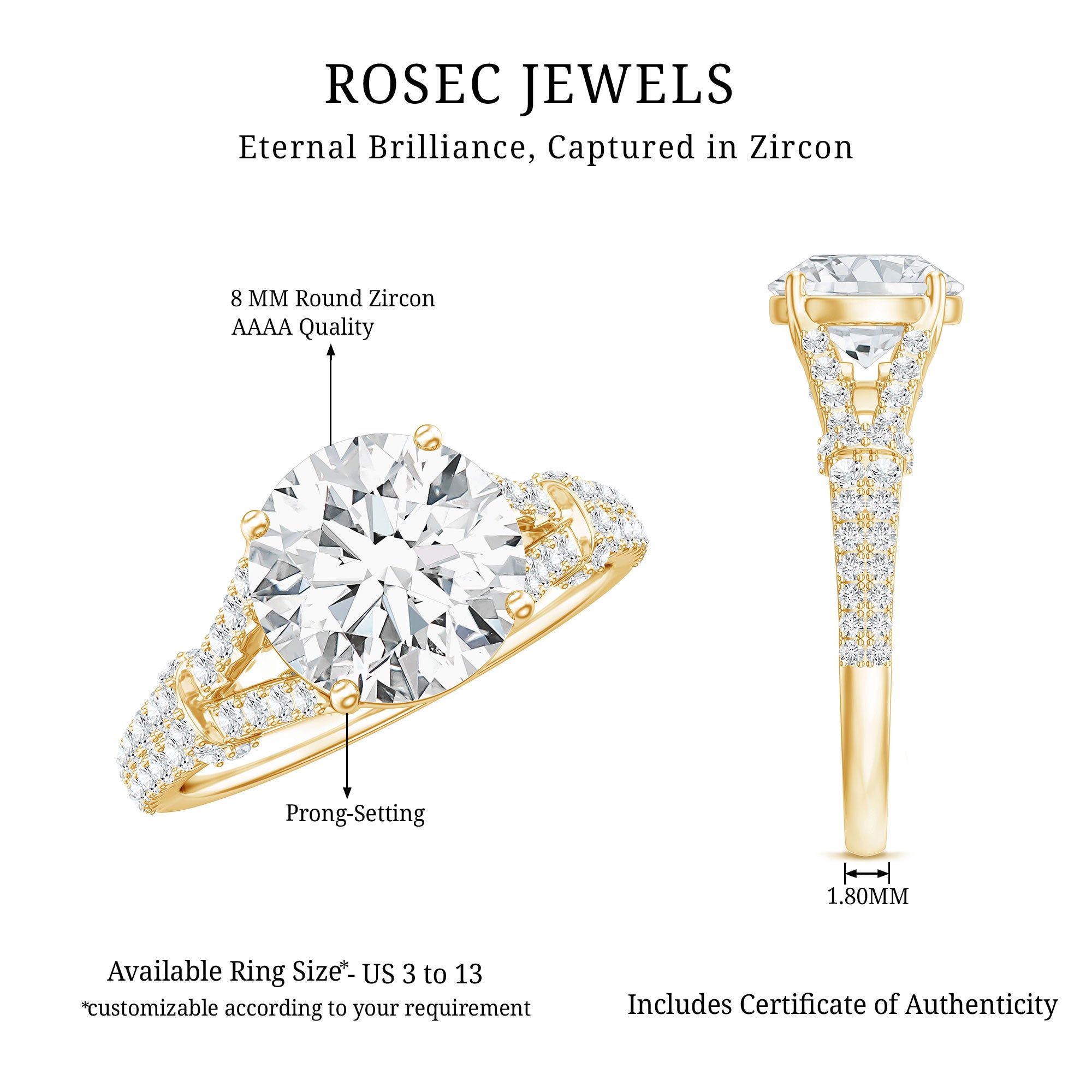 3 CT Simulated Diamond Solitaire Engagement Ring with Split Shank AAAA - Rosec Jewels
