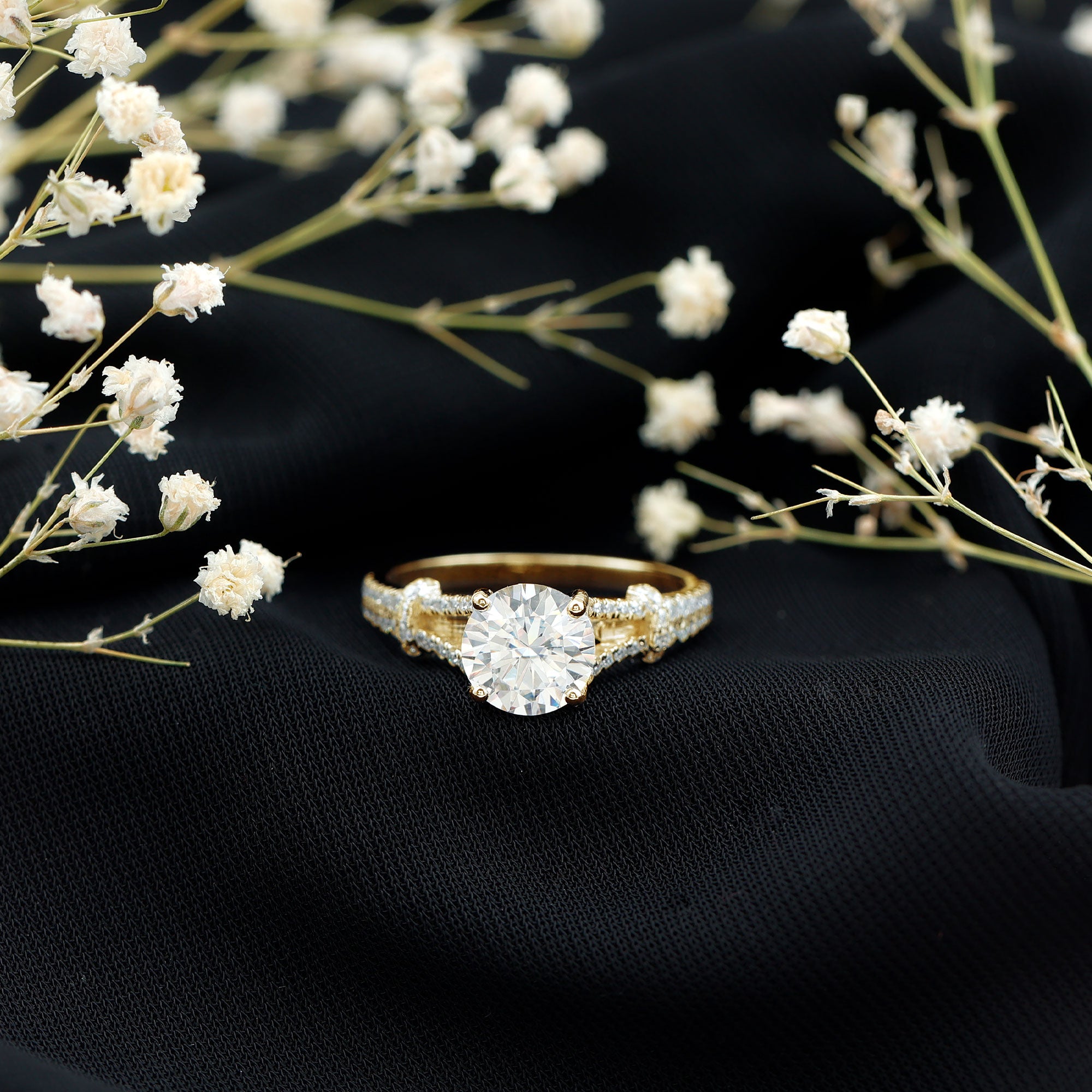 3 CT Simulated Diamond Solitaire Engagement Ring with Split Shank AAAA - Rosec Jewels