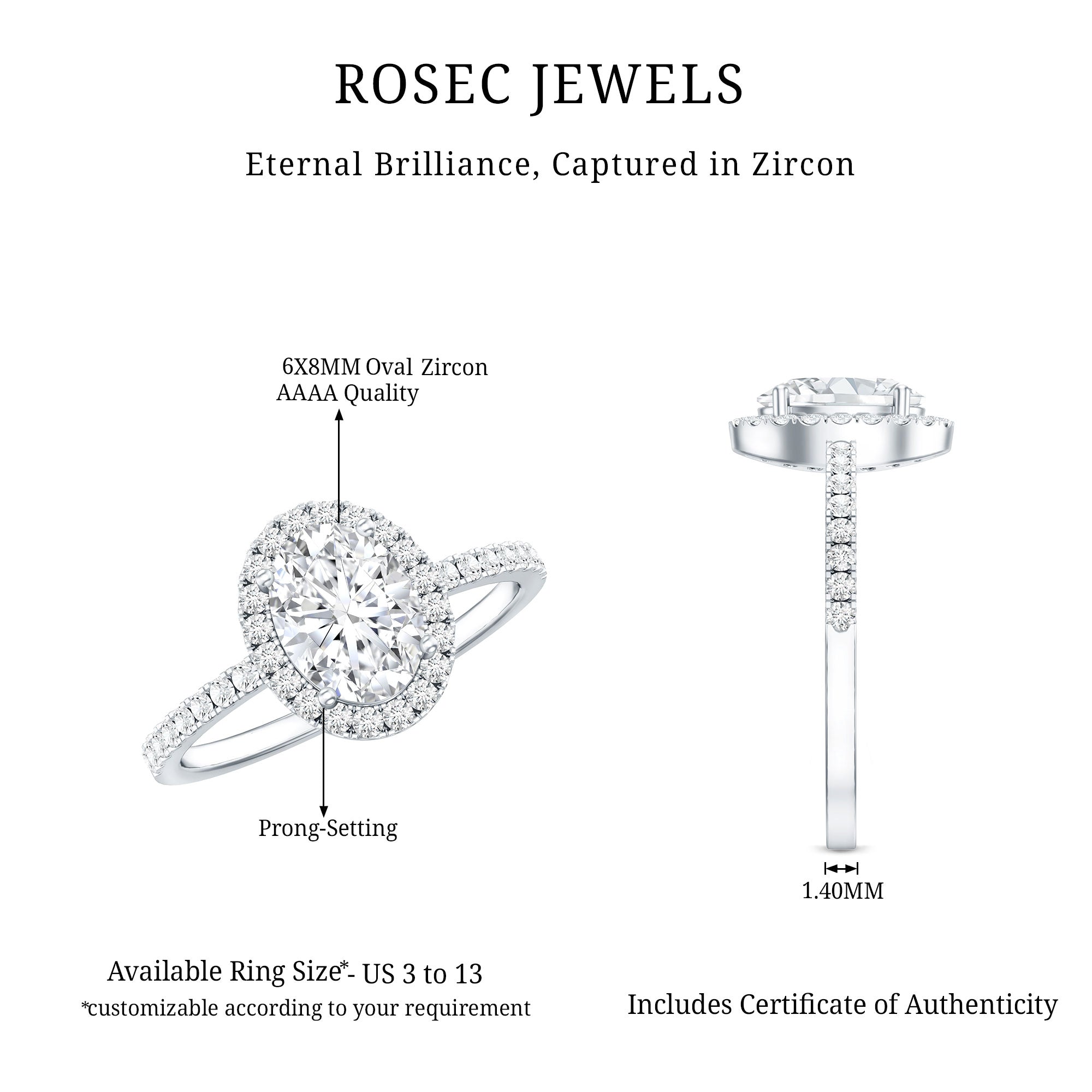 1.2 Carat Cubic Zirconia Oval Halo Engagement Ring for Women AAAA - Rosec Jewels