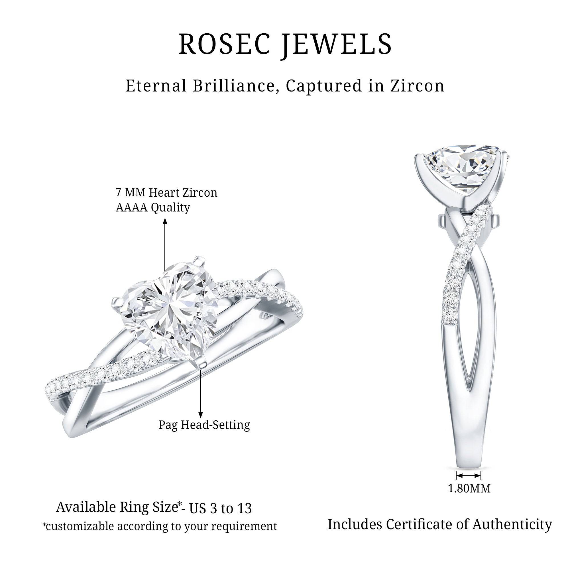 Zircon Crossover Solitaire Engagement Ring AAAA - Rosec Jewels