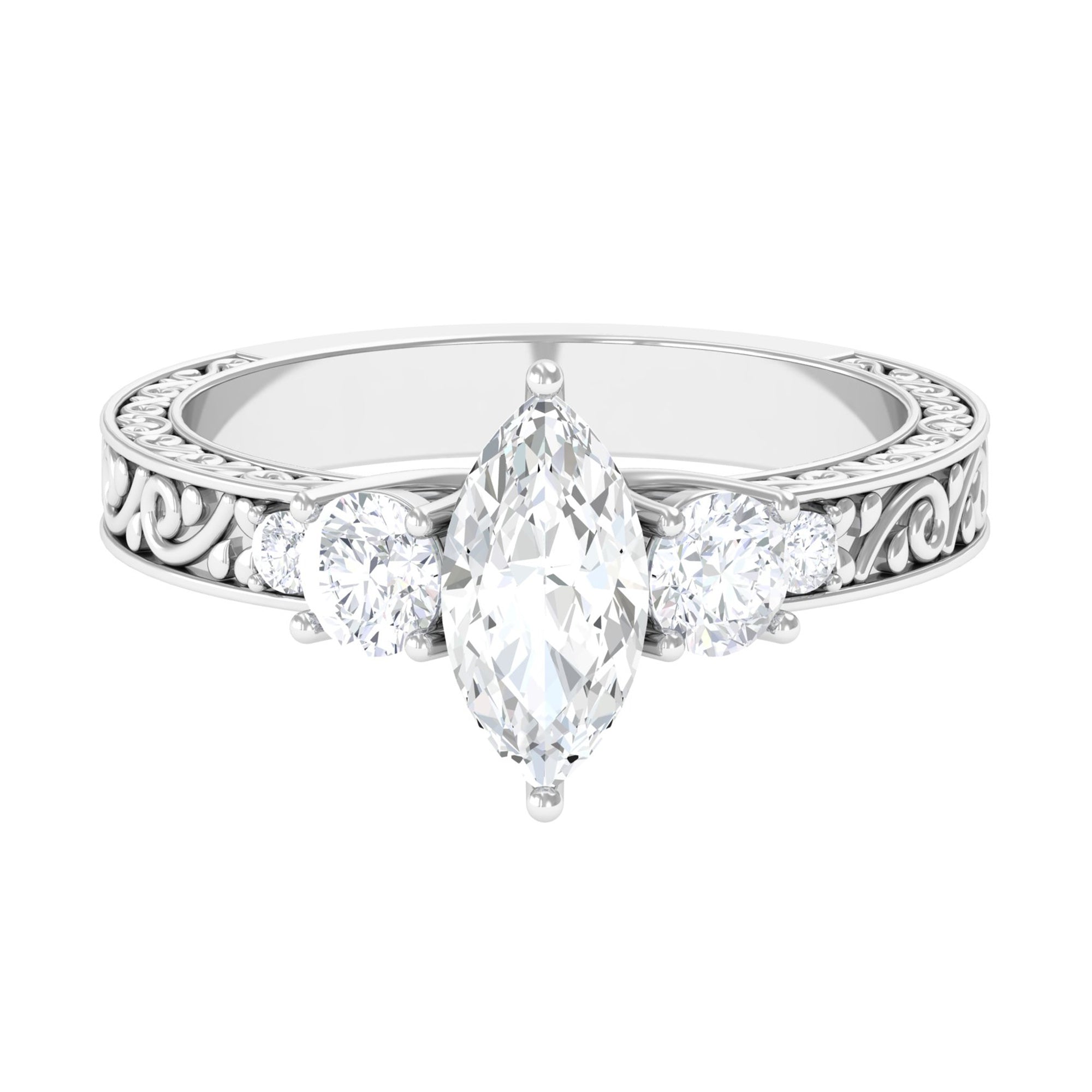Certified Zircon Three Stone Engraved Band Ring AAAA - Rosec Jewels