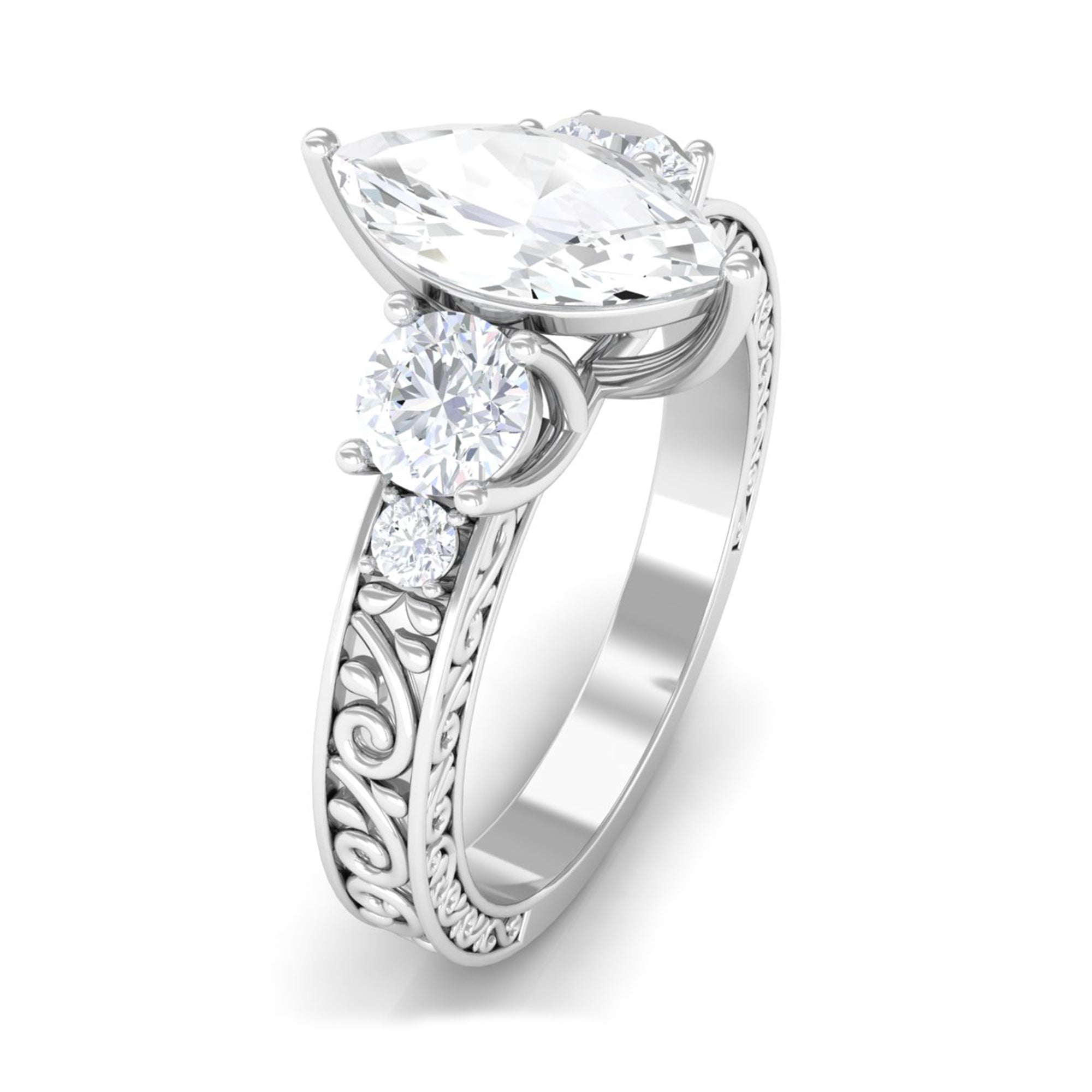 Certified Zircon Three Stone Engraved Band Ring AAAA - Rosec Jewels