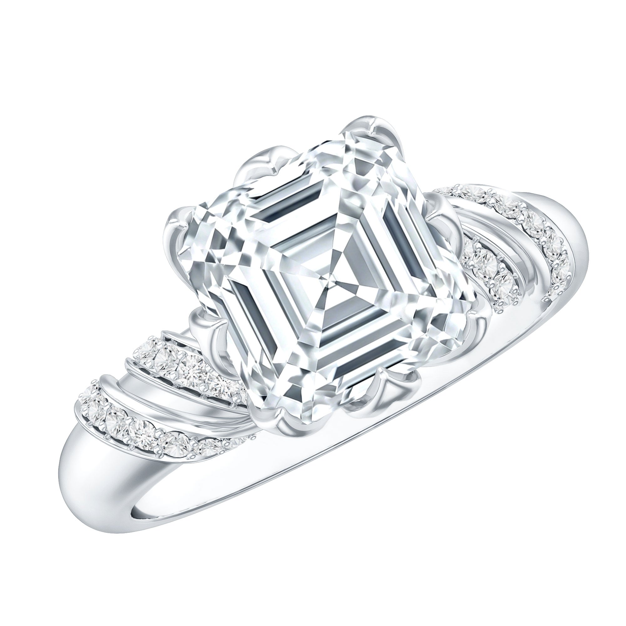 3.5 CT Asscher Zircon Designer Solitaire Engagement Ring in Petal Prong Setting AAAA - Rosec Jewels