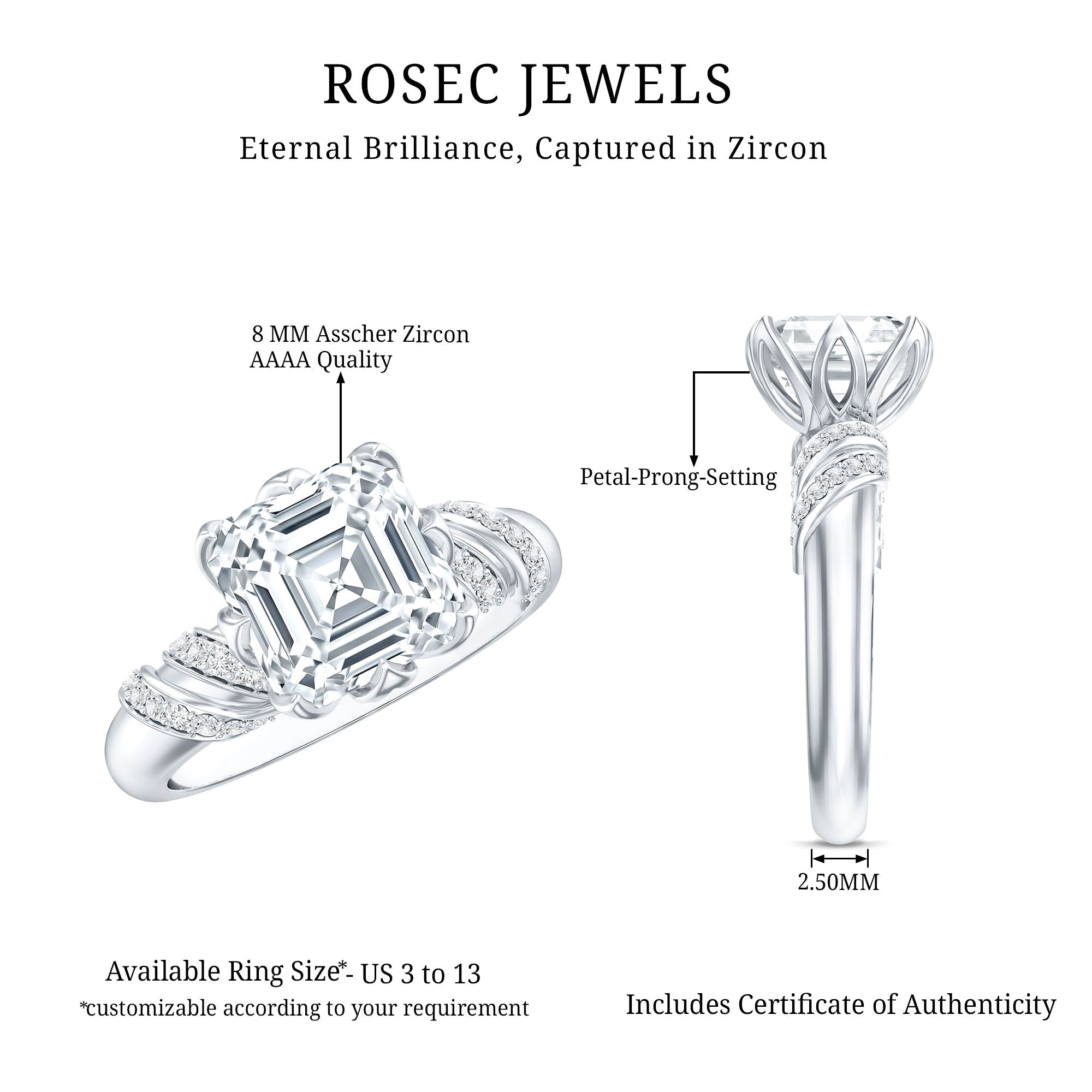 3.5 CT Asscher Zircon Designer Solitaire Engagement Ring in Petal Prong Setting AAAA - Rosec Jewels