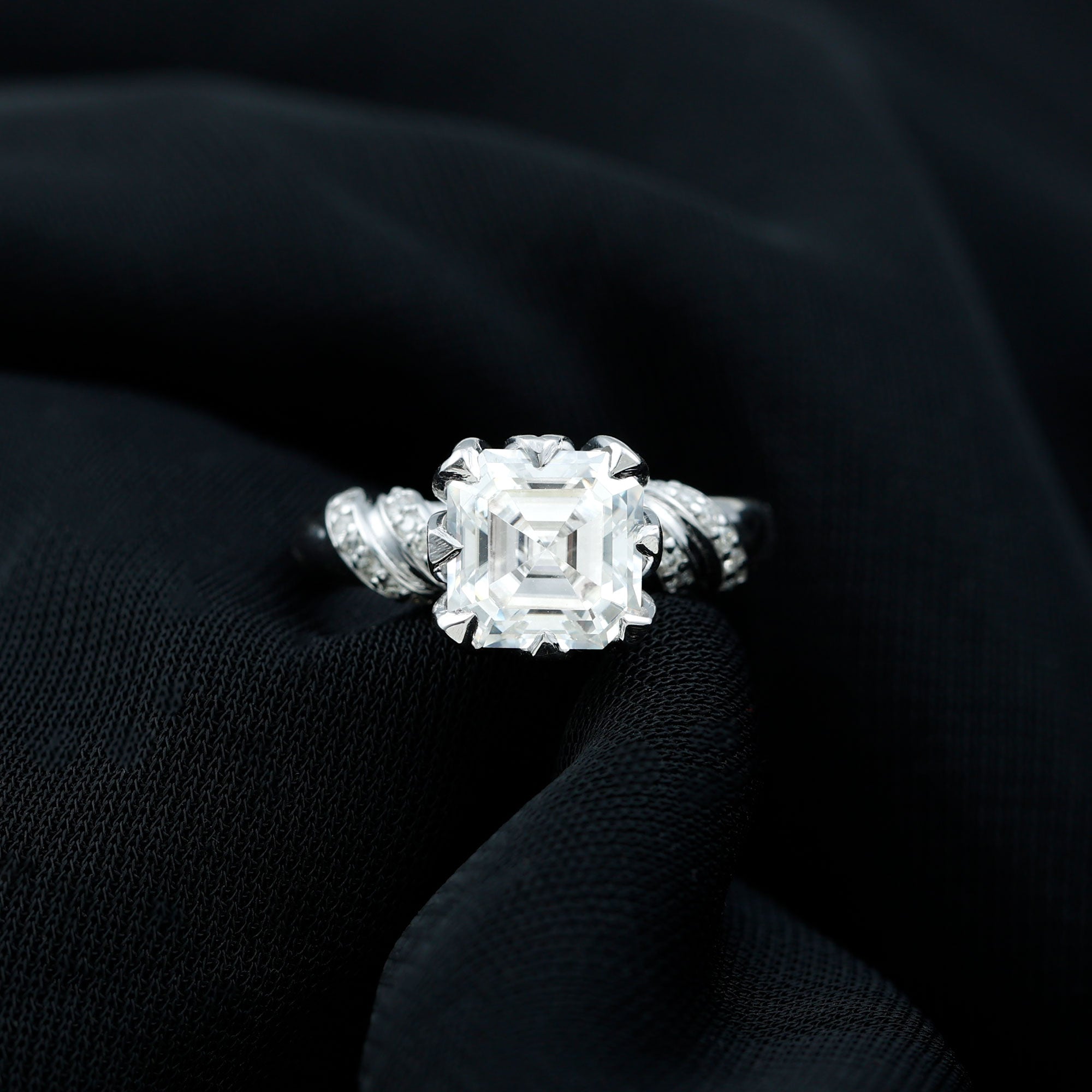 3.5 CT Asscher Zircon Designer Solitaire Engagement Ring in Petal Prong Setting AAAA - Rosec Jewels