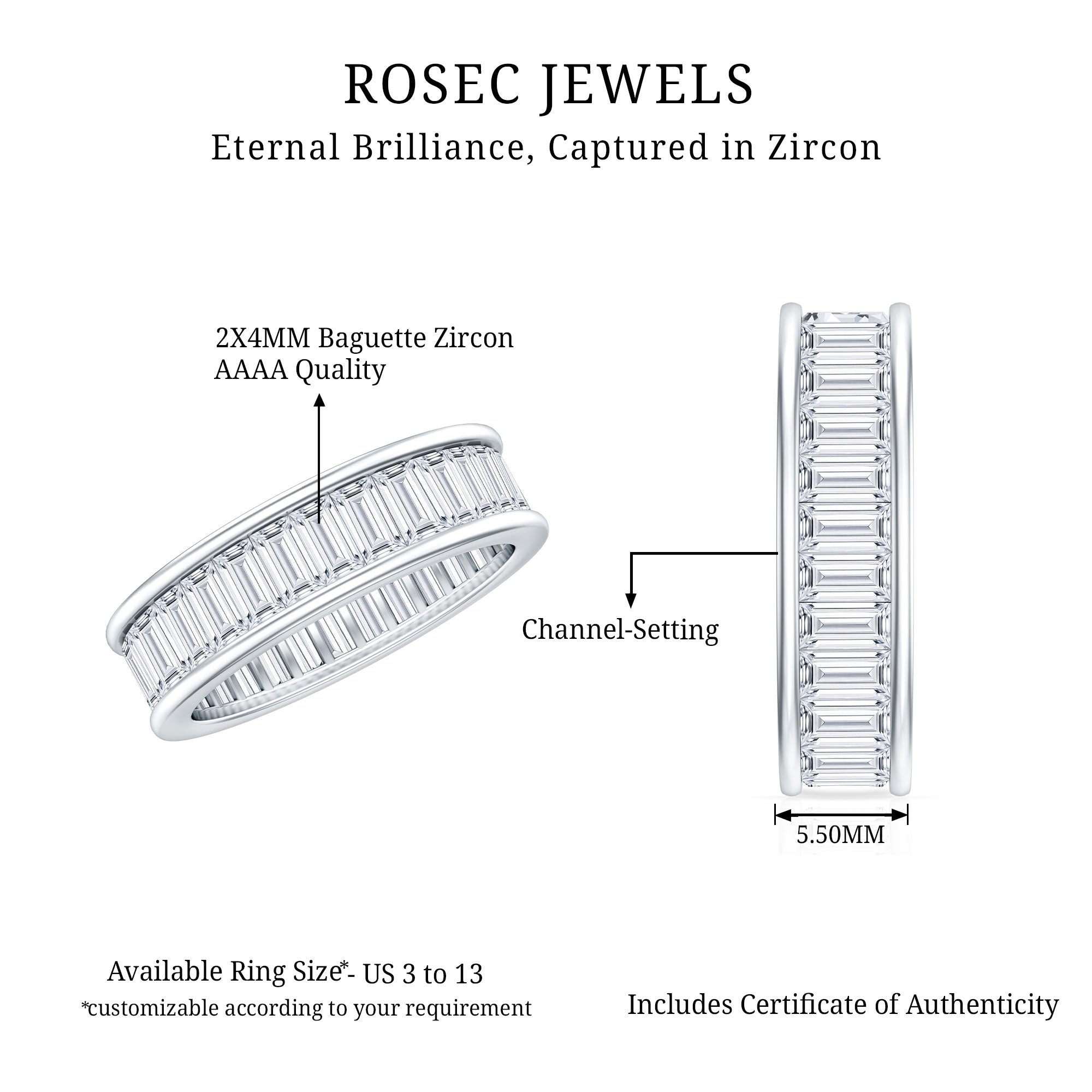 Channel Set Cubic Zirconia Baguette Wedding Band with Certificate AAAA - Rosec Jewels