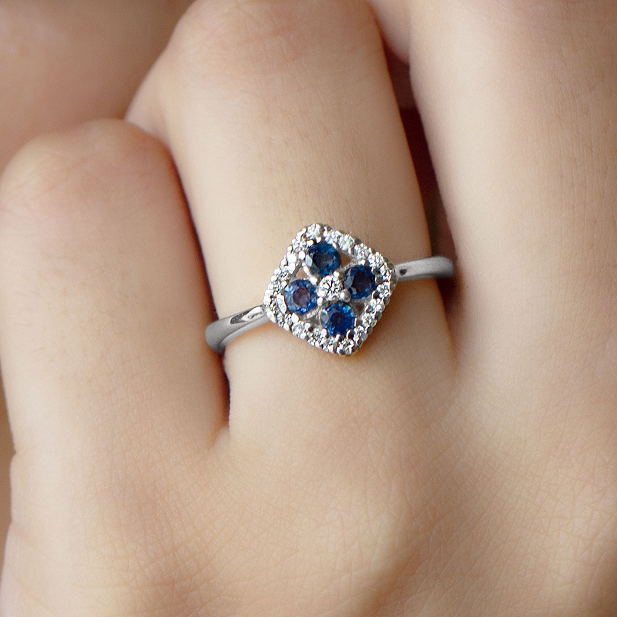 1/2 CT Blue Sapphire Cluster Ring with Diamond Accent AAA - Rosec Jewels