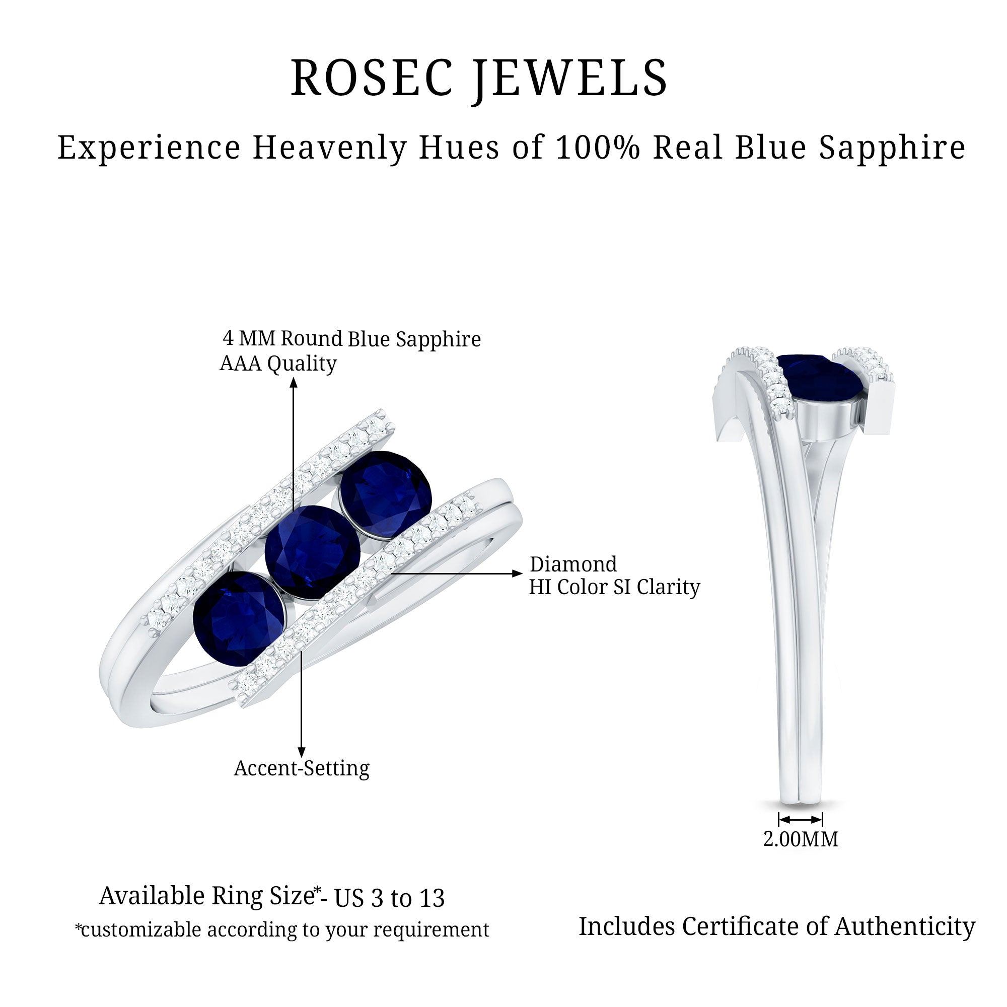 Real Blue Sapphire 3 Stone Promise Ring with Diamond Bypass Shank AAA - Rosec Jewels