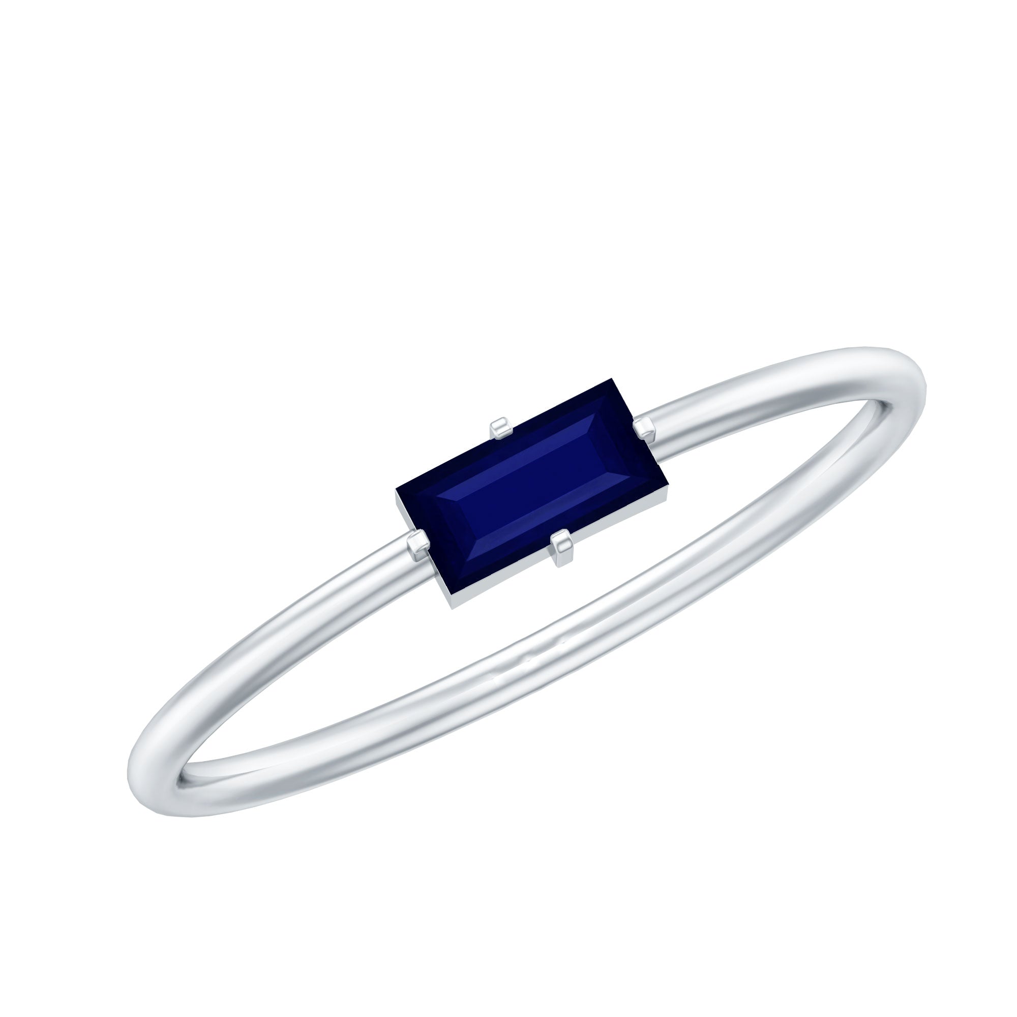 Bague solitaire saphir bleu taille baguette 2,5 x 5 mm en serti diagonale à 4 griffes
