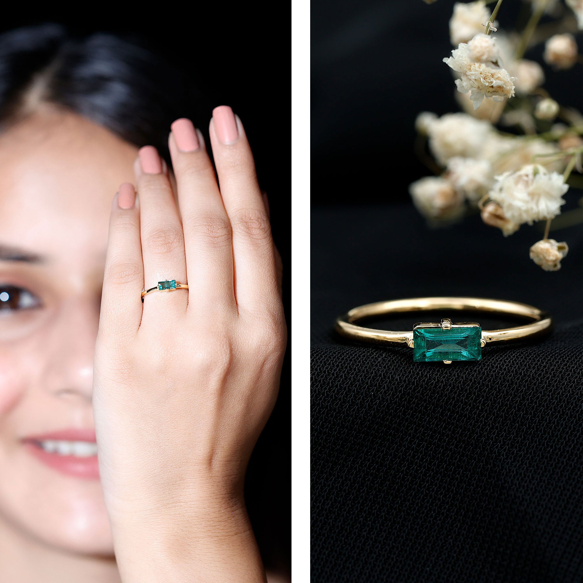 Rosec Jewels-East West Set Baguette Cut Emerald May Birthstone Ring