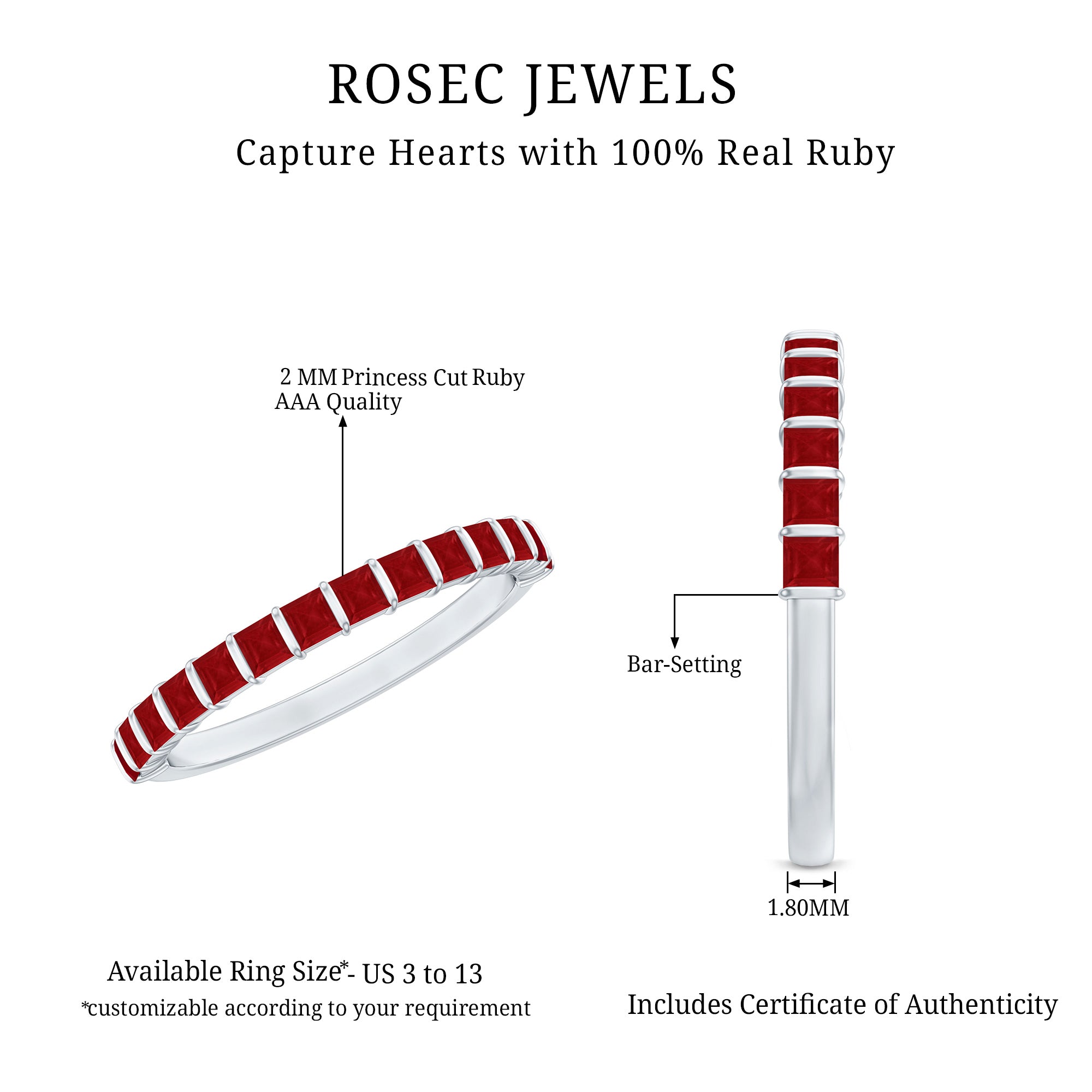 Rosec Jewels-Natural Princess Cut Ruby Half Eternity Ring for Women