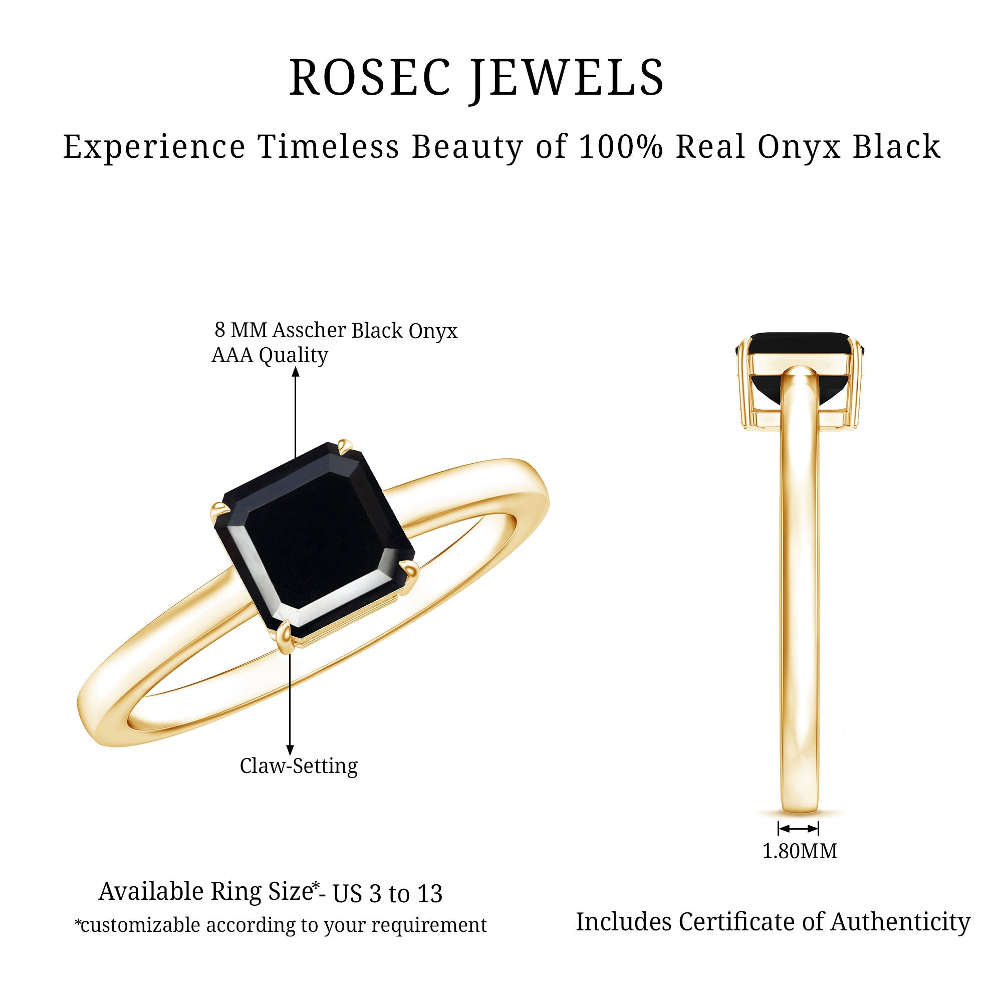 Princess Cut Black Onyx Solitaire Engagement Ring for Her AAA - Rosec Jewels