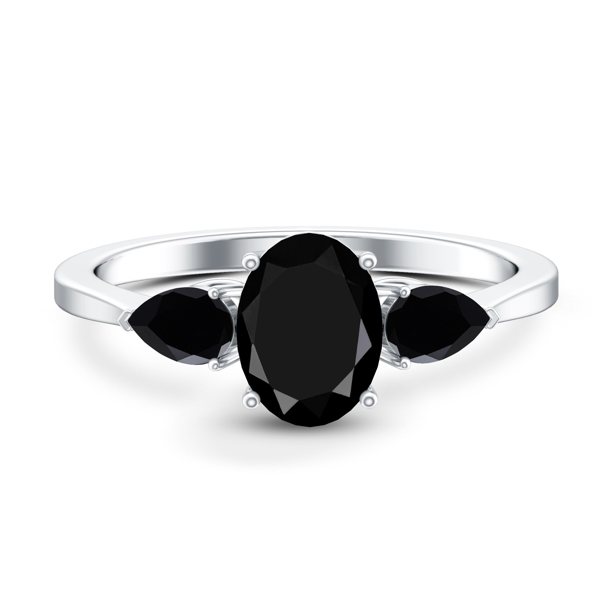 Natural Black Onyx Three Stone Engagement Ring AAA - Rosec Jewels