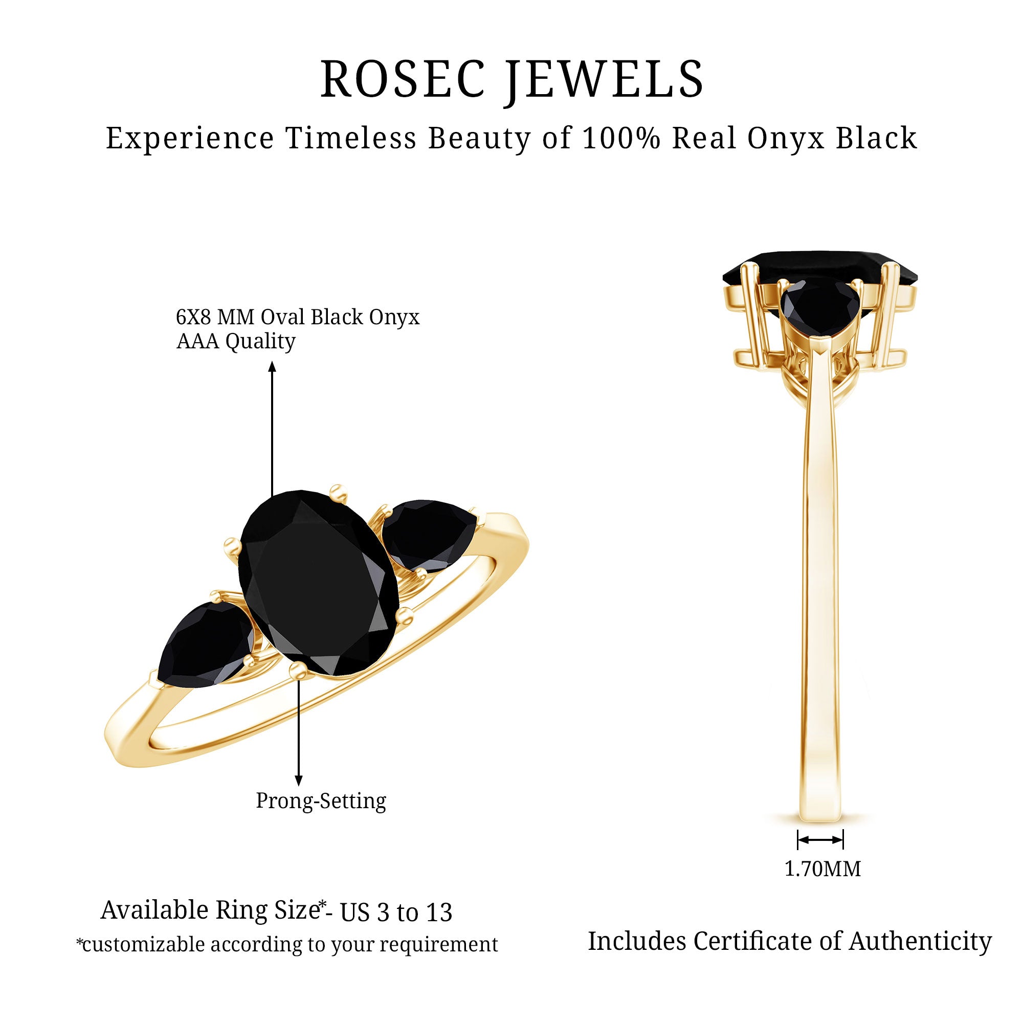 Natural Black Onyx Three Stone Engagement Ring AAA - Rosec Jewels