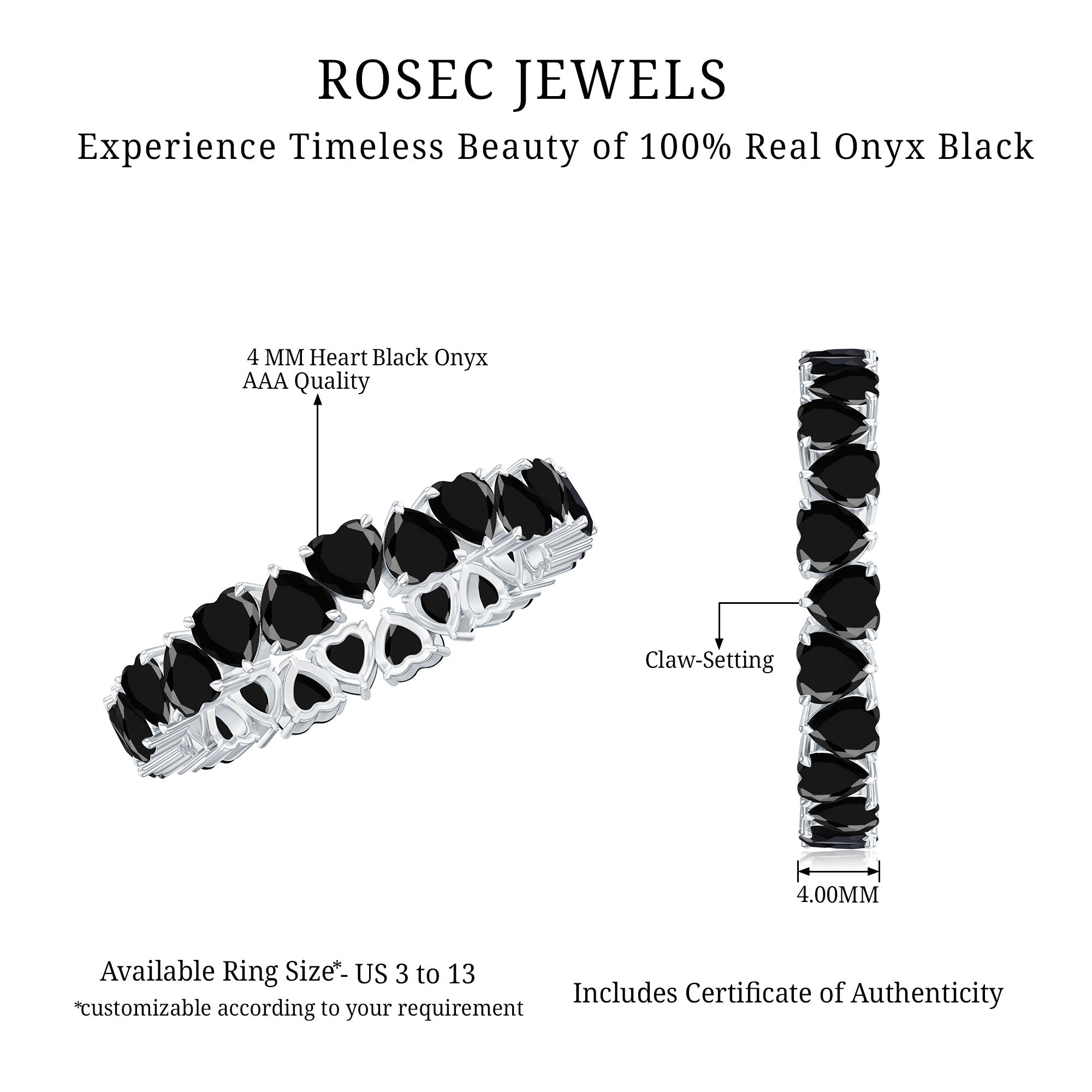 Heart Shaped Black Onyx Eternity Wedding Band AAA - Rosec Jewels