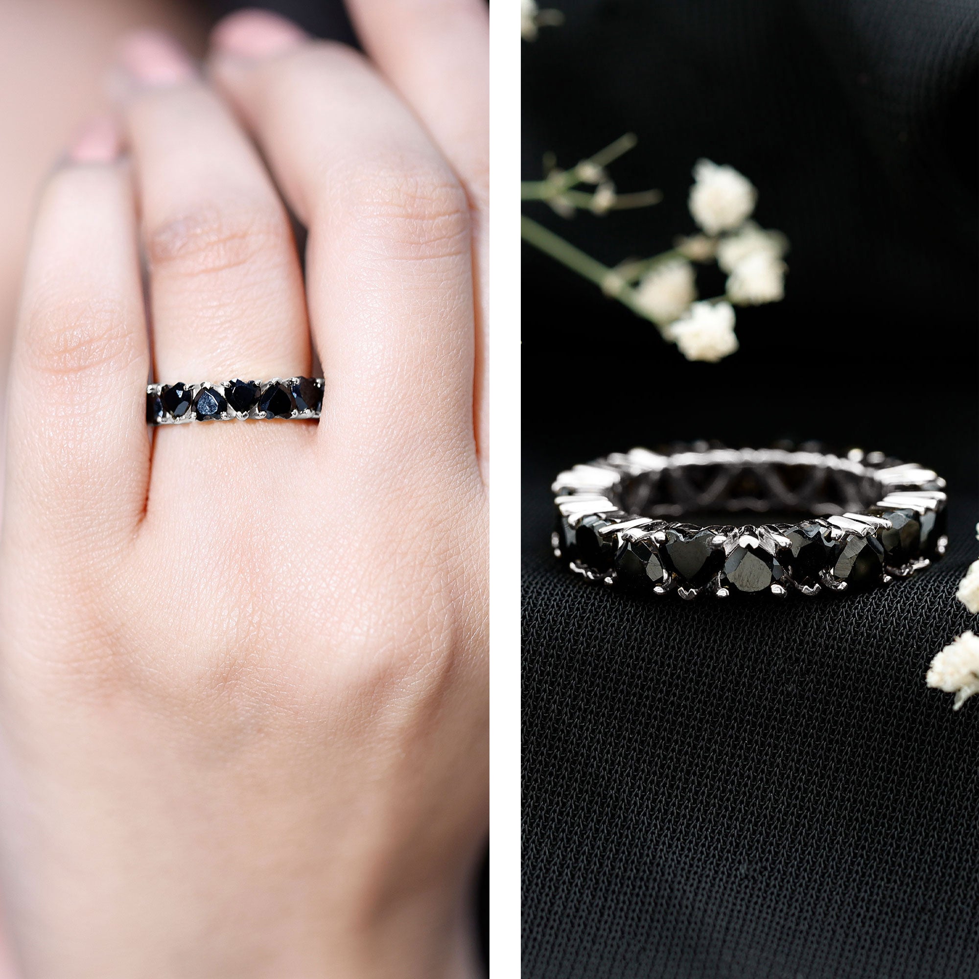 Heart Shaped Black Onyx Eternity Wedding Band AAA - Rosec Jewels
