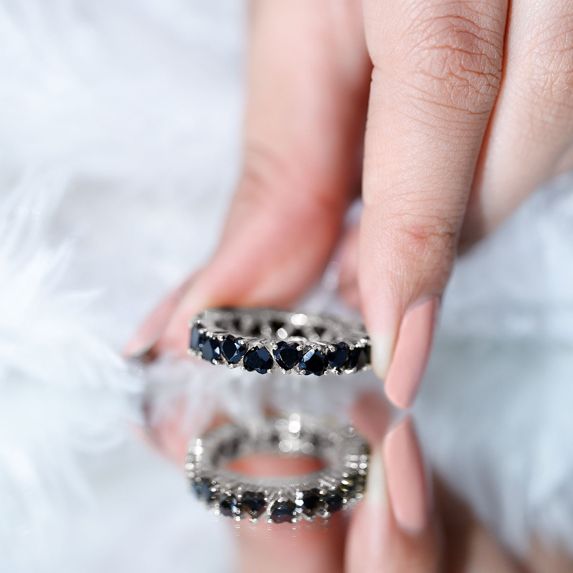 Heart Shaped Black Onyx Eternity Wedding Band AAA - Rosec Jewels