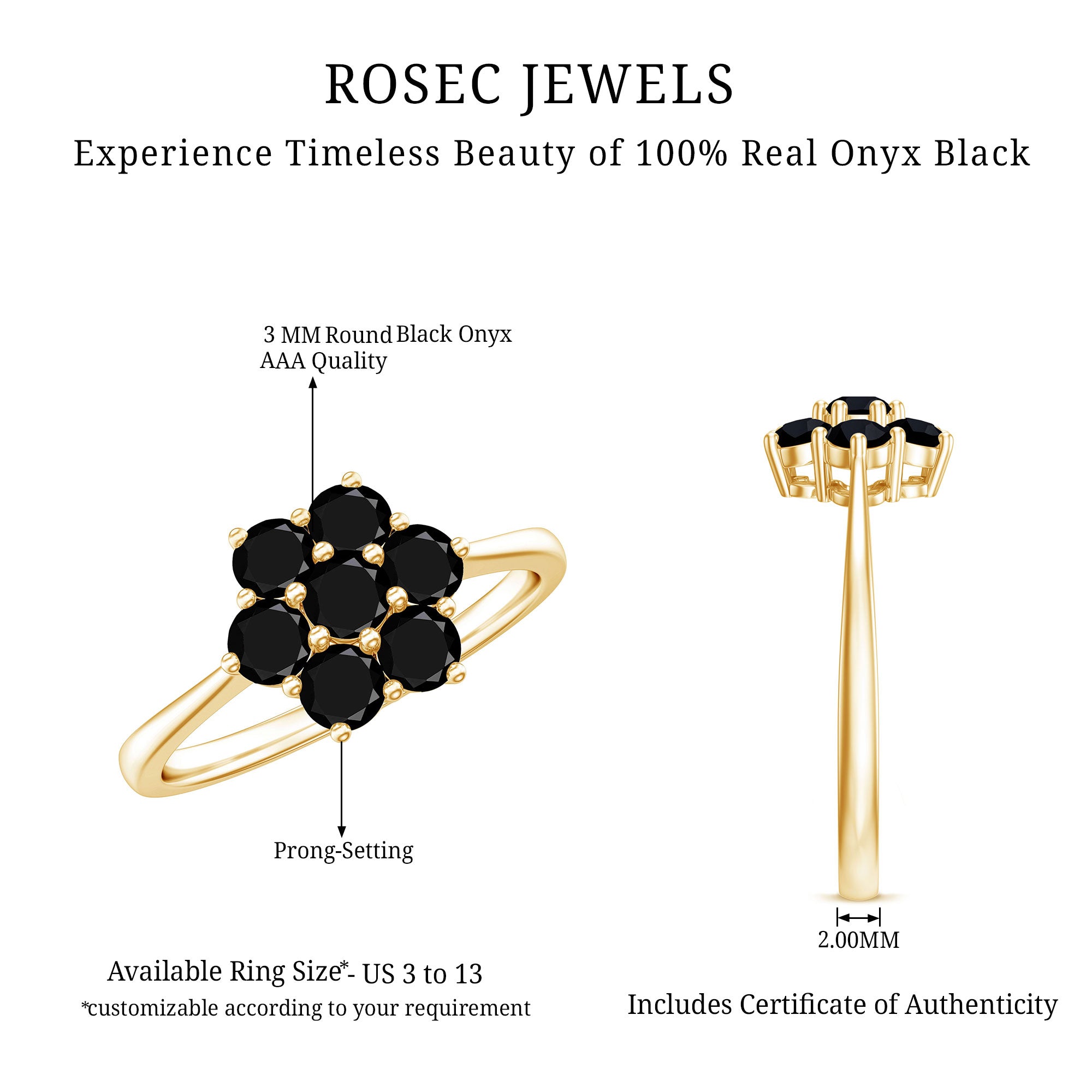 Rosec Jewels-Genuine Black Onyx Flower Engagement Ring With Certificate