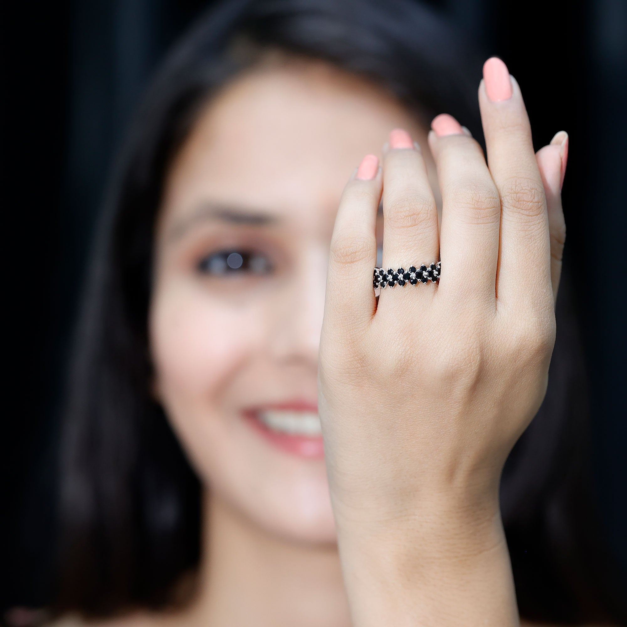 Round Cut Black Onyx Cluster Wedding Band for Women AAA - Rosec Jewels