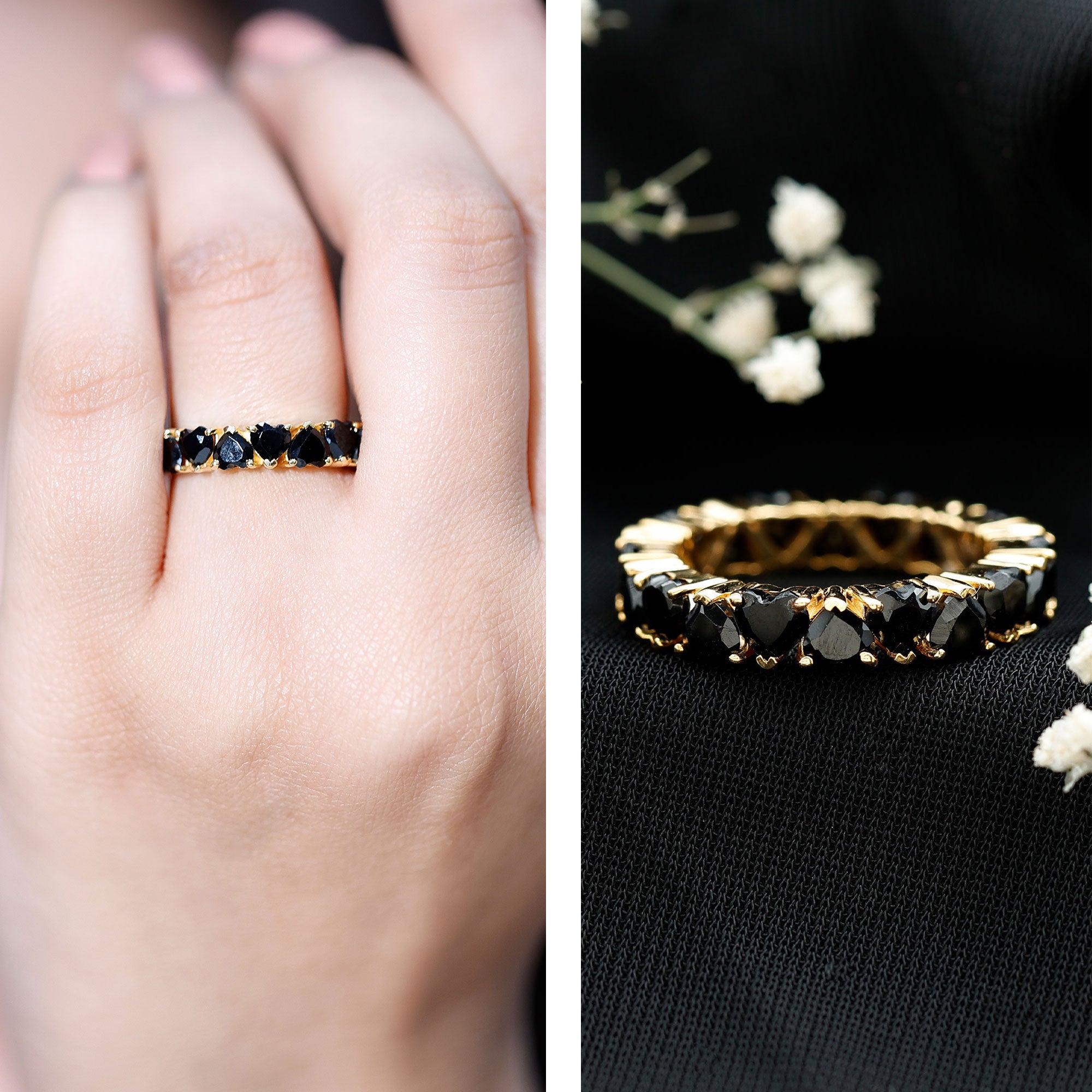 Claw Set Heart Shape Black Spinel Eternity Band Ring AAA - Rosec Jewels