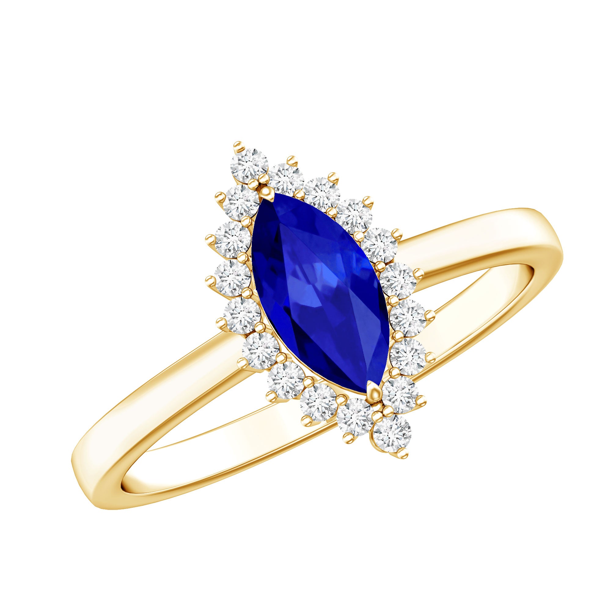 Marquise Cut Lab Grown Blue Sapphire and Diamond Halo Engagement Ring AAAA - Rosec Jewels