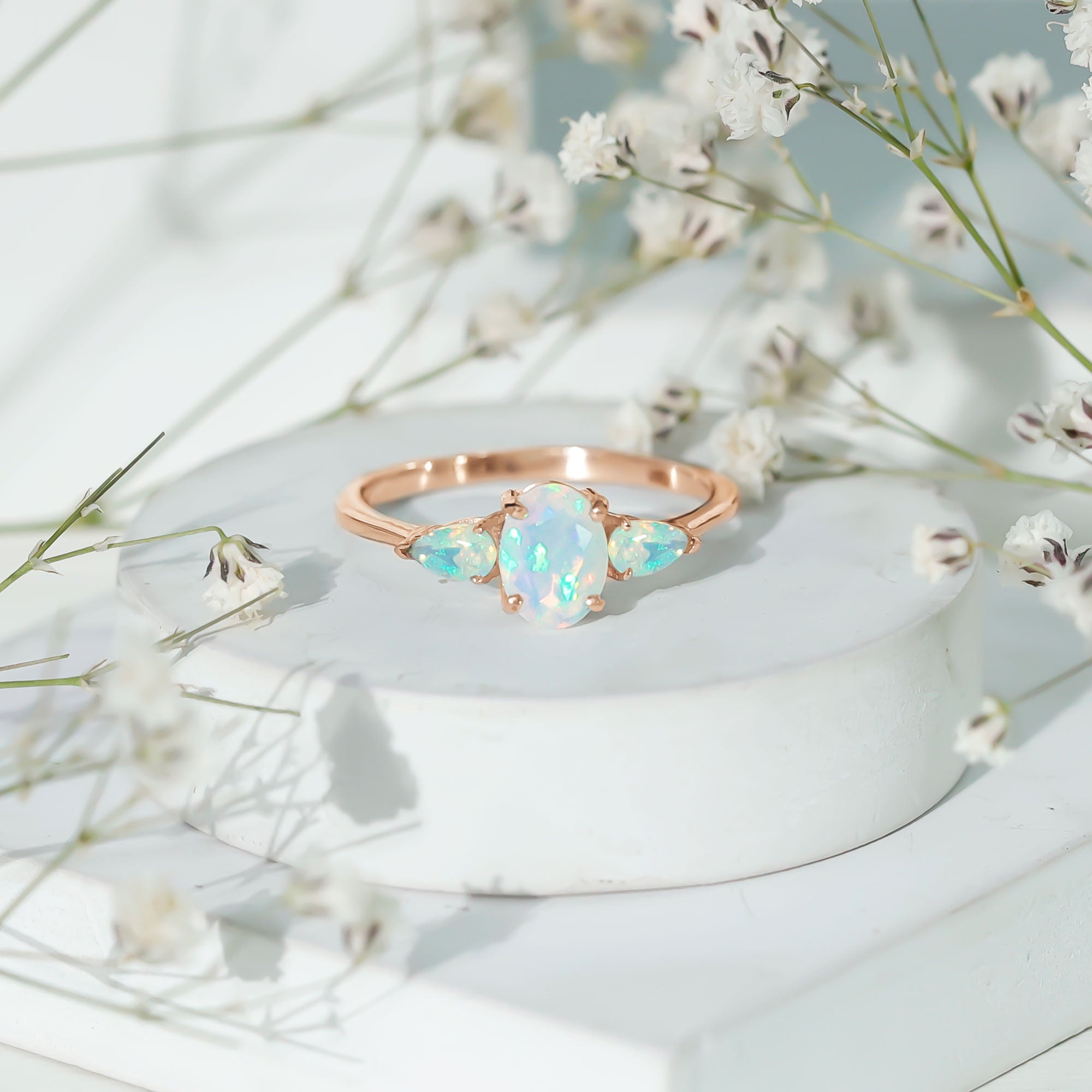 Natural Ethiopian Opal 3 Stone Engagement Ring With Certificate AAA - Rosec Jewels