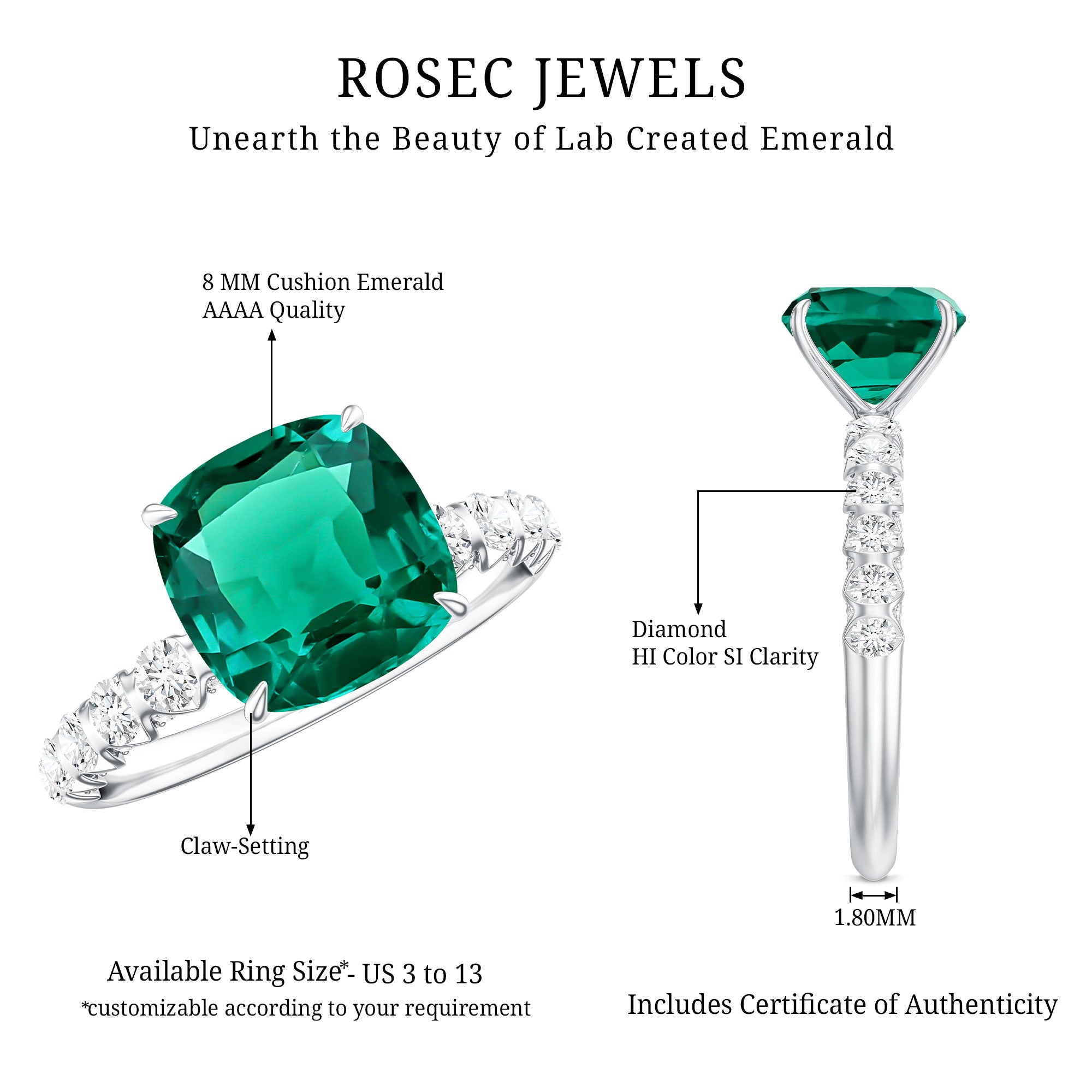 Certified Lab Grown Emerald Cushion Cut Engagement Ring with Diamond Side Stones AAAA - Rosec Jewels