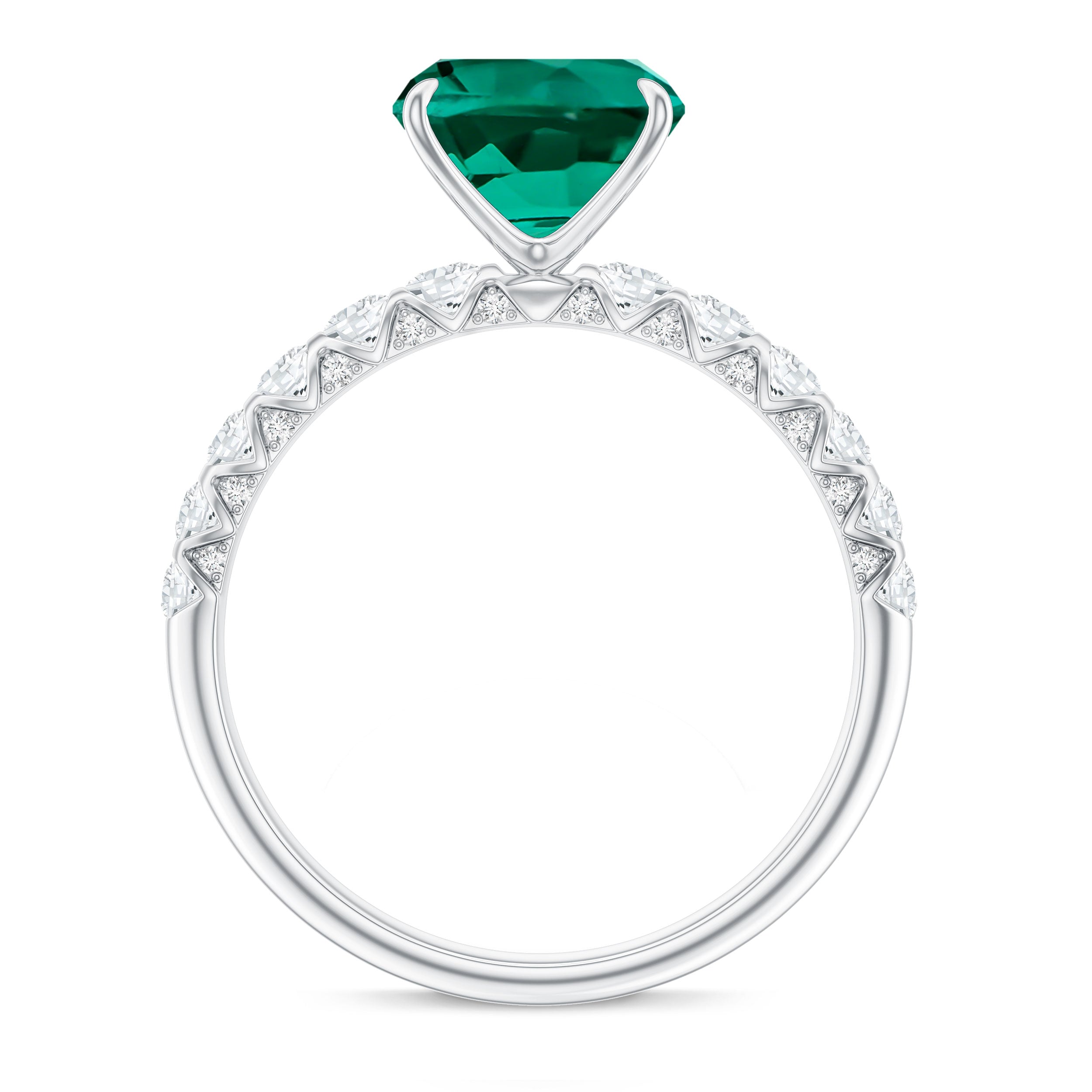 Certified Lab Grown Emerald Cushion Cut Engagement Ring with Diamond Side Stones AAAA - Rosec Jewels