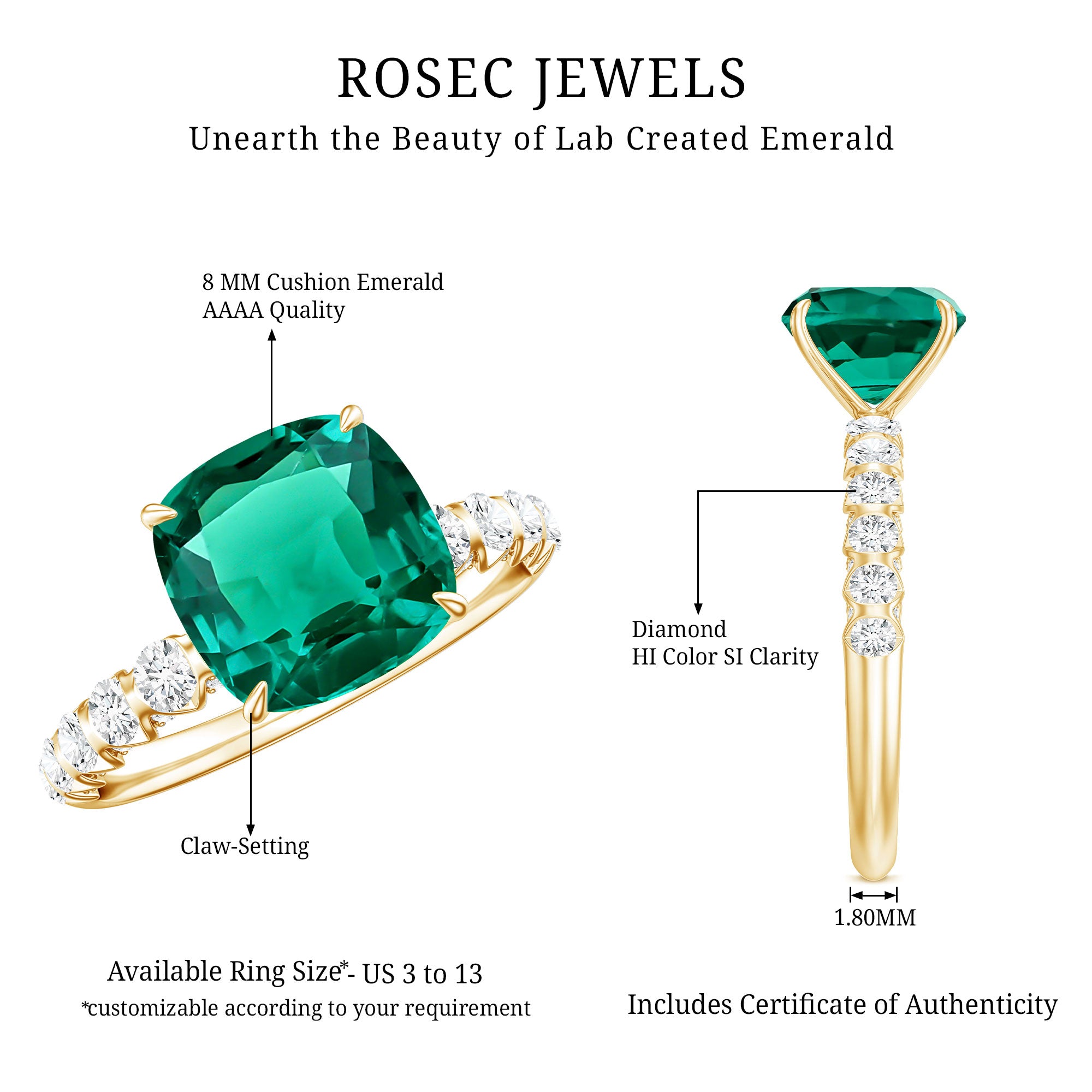 Certified Lab Grown Emerald Cushion Cut Engagement Ring with Diamond Side Stones AAAA - Rosec Jewels