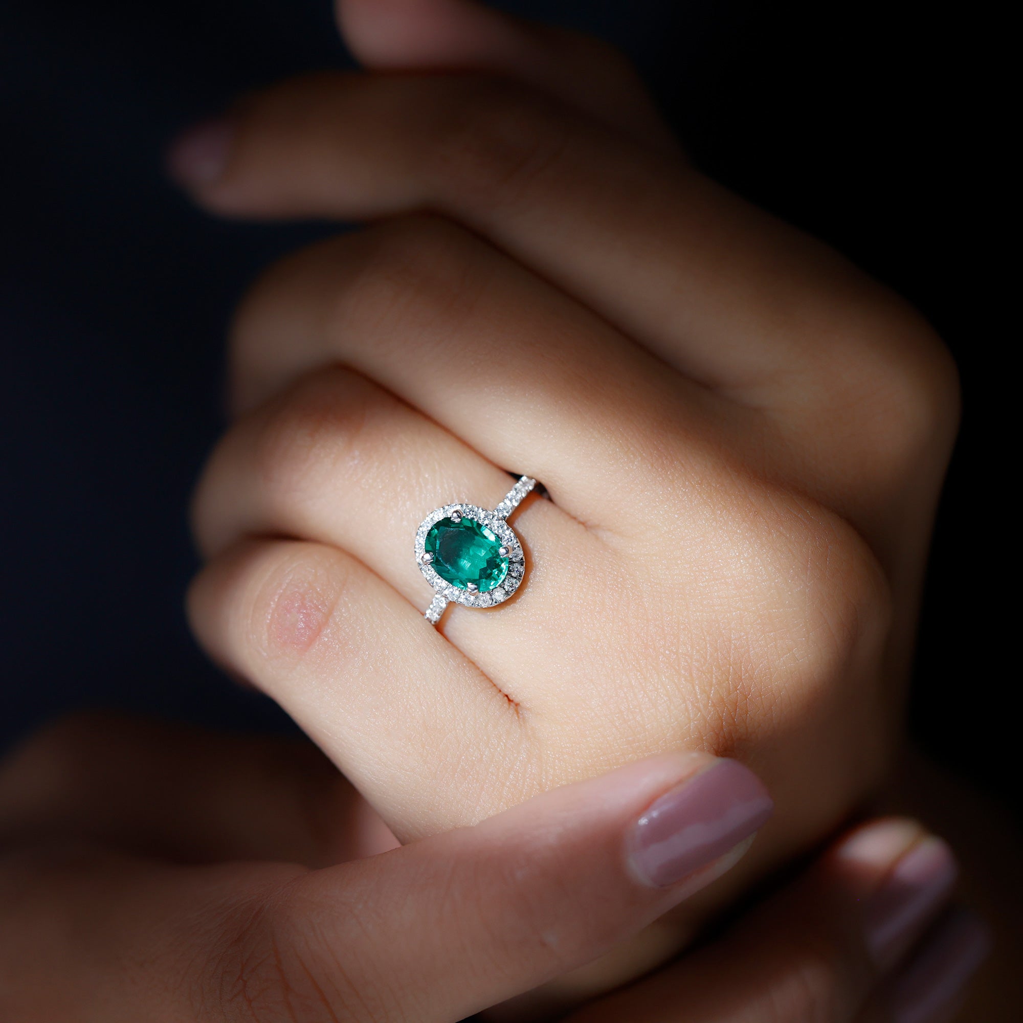 Classic Lab Grown Emerald Oval Engagement Ring with Diamond Halo AAAA - Rosec Jewels