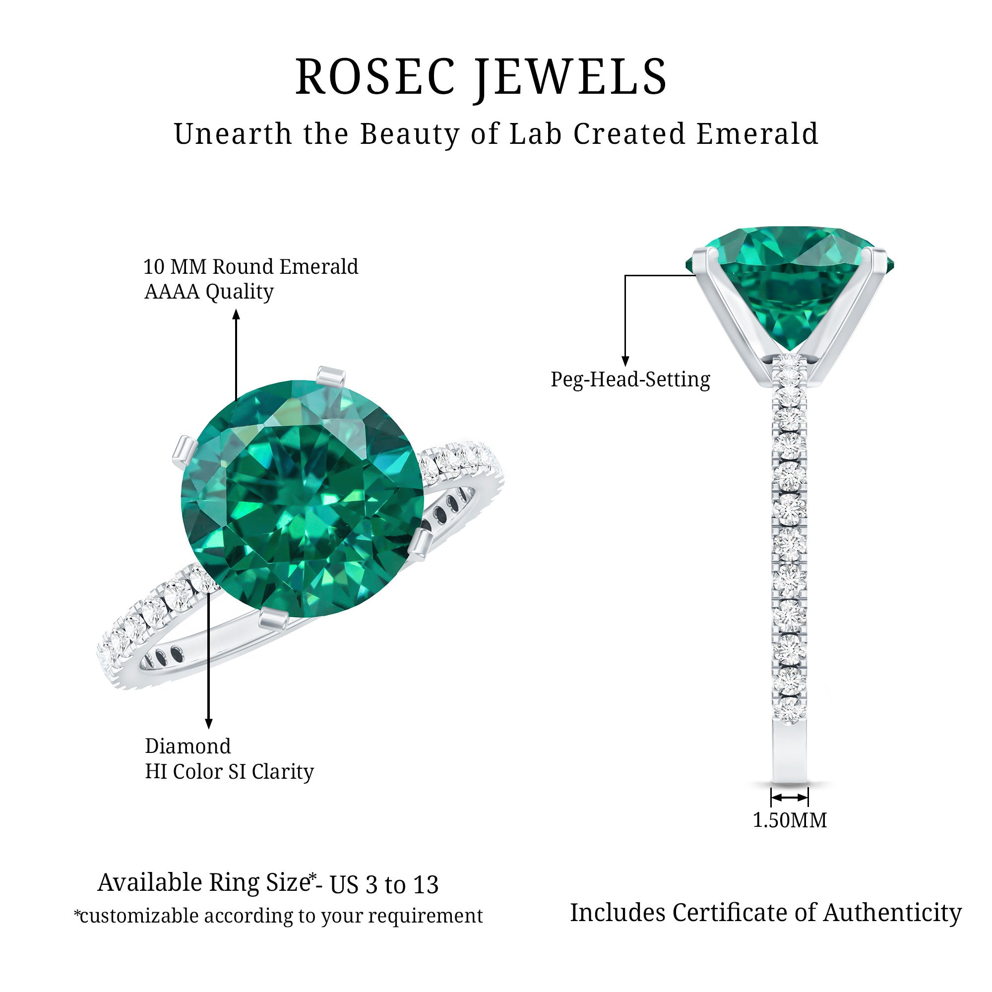 Certified 10 mm Lab Grown Emerald Huge Engagement Ring with Diamond AAAA - Rosec Jewels