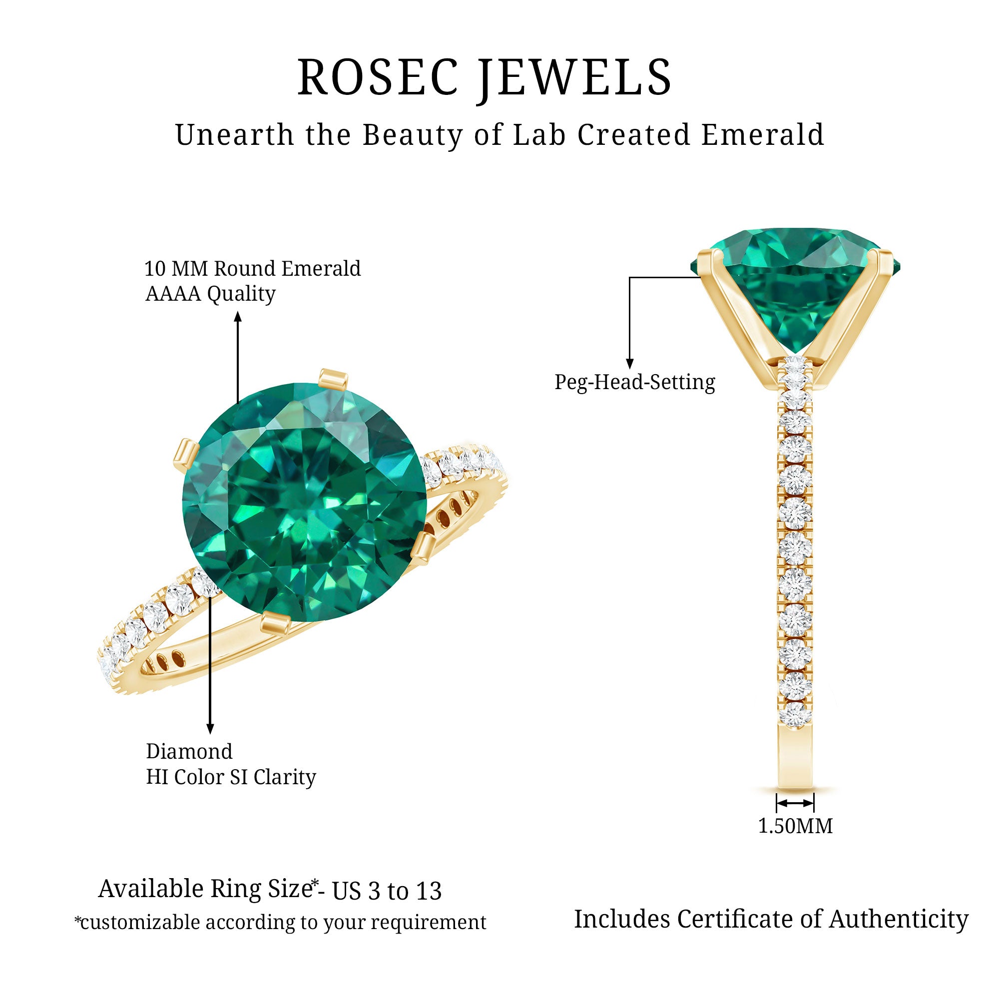 Certified 10 mm Lab Grown Emerald Huge Engagement Ring with Diamond AAAA - Rosec Jewels
