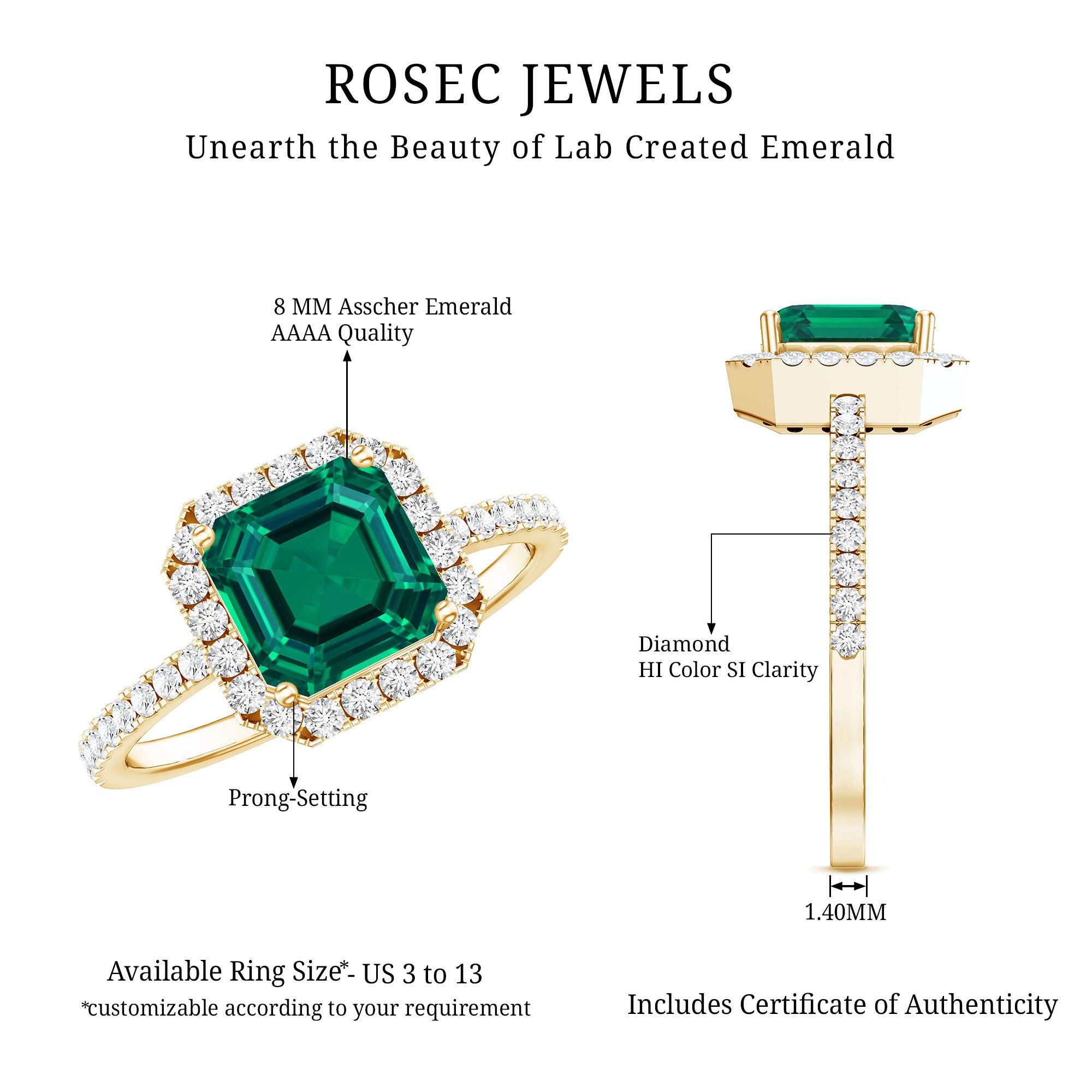 AAAA Quality Lab Created Emerald Asscher Cut Engagement Ring with Diamond AAAA - Rosec Jewels