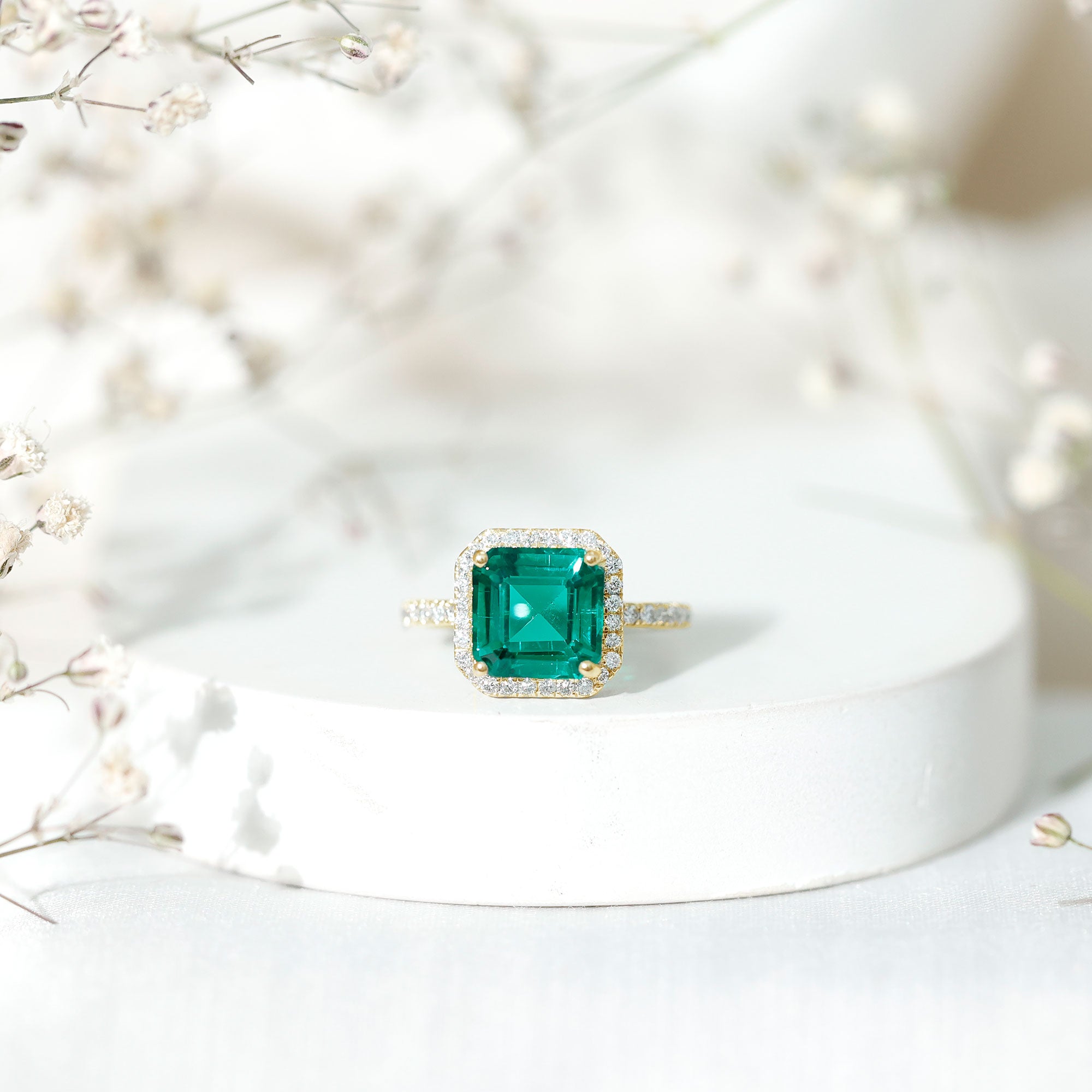 AAAA Quality Lab Created Emerald Asscher Cut Engagement Ring with Diamond AAAA - Rosec Jewels