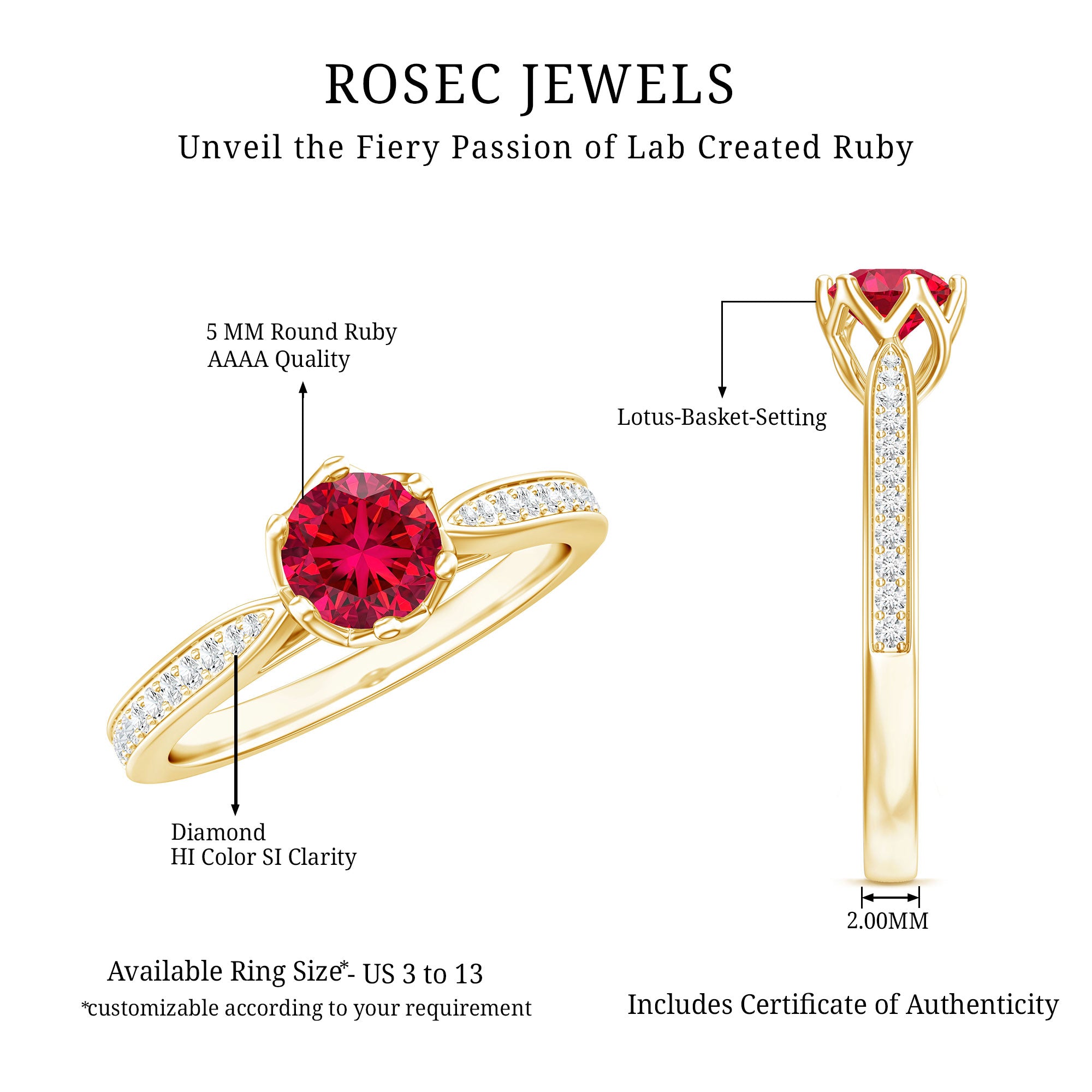 1 CT Round Shape Created Ruby Solitaire Engagement Ring with Diamond AAAA - Rosec Jewels