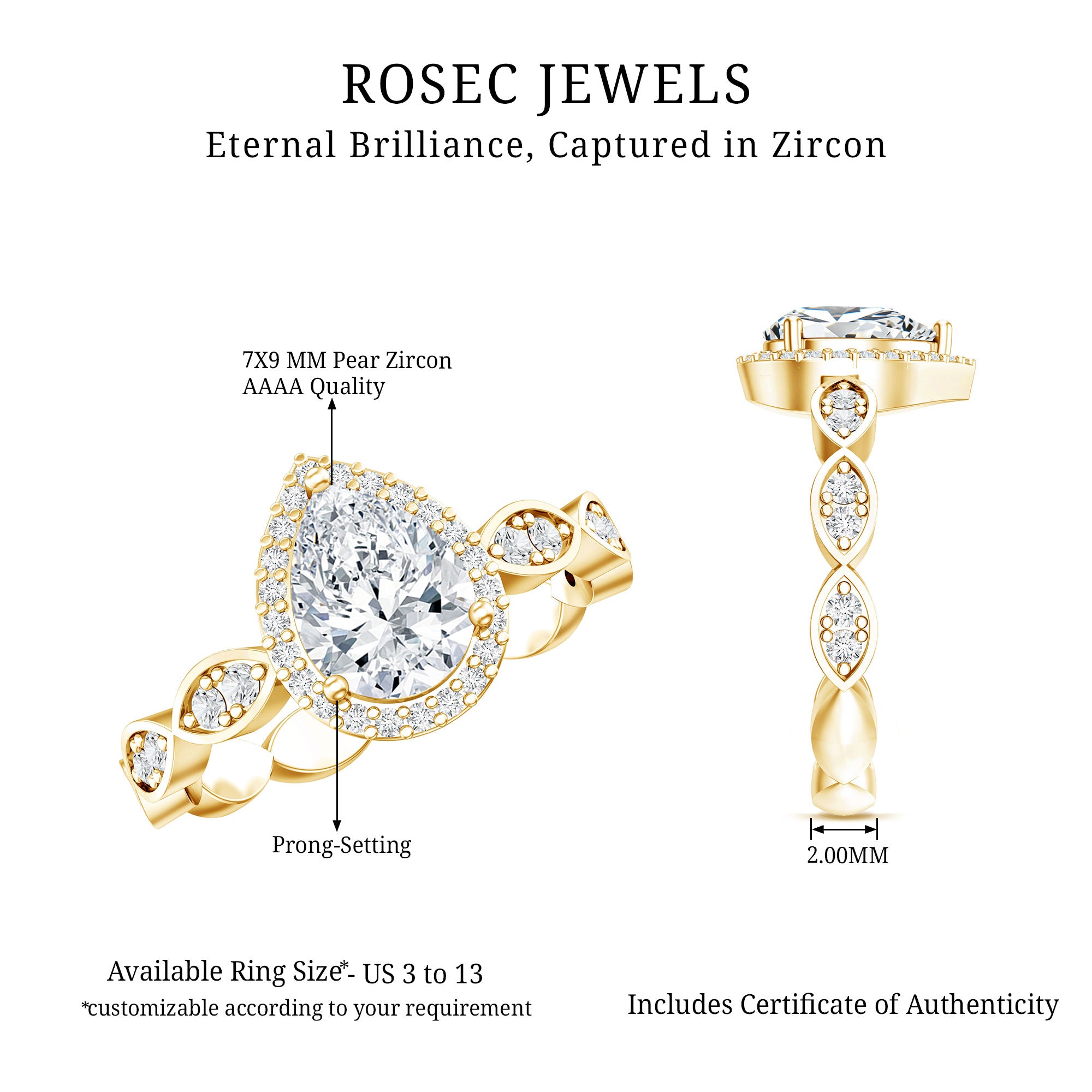 Cubic Zirconia Pear Halo Engagement Ring with Side Stones AAAA - Rosec Jewels