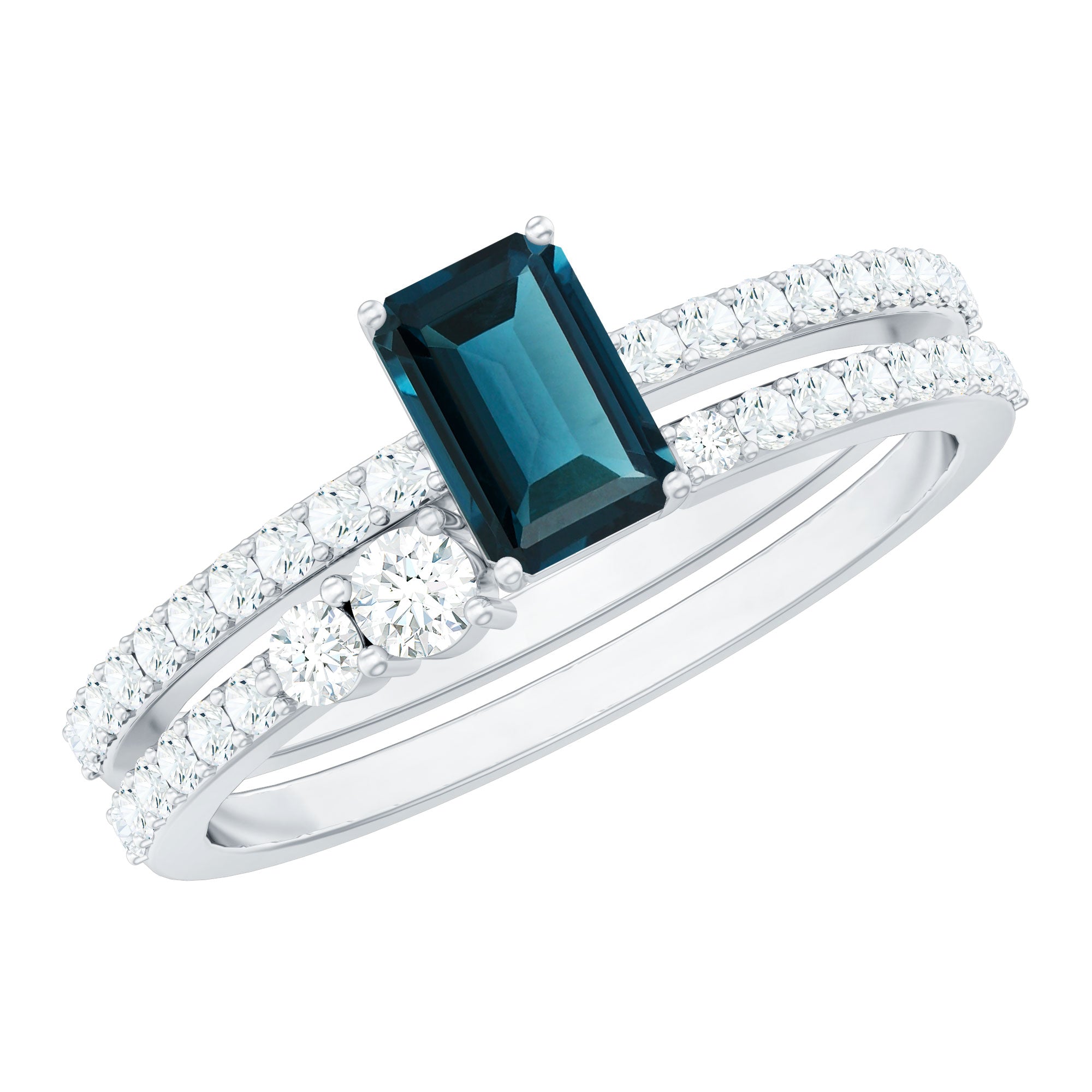 4X6mm Emerald Cut London Blue Topaz Wedding Ring Set with Diamond AAA - Rosec Jewels
