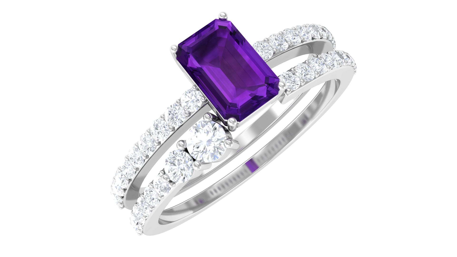 Natural 1.4 Carat Emerald Cut Amethyst Diamond Wedding Bridal Ring Set AAA - Rosec Jewels