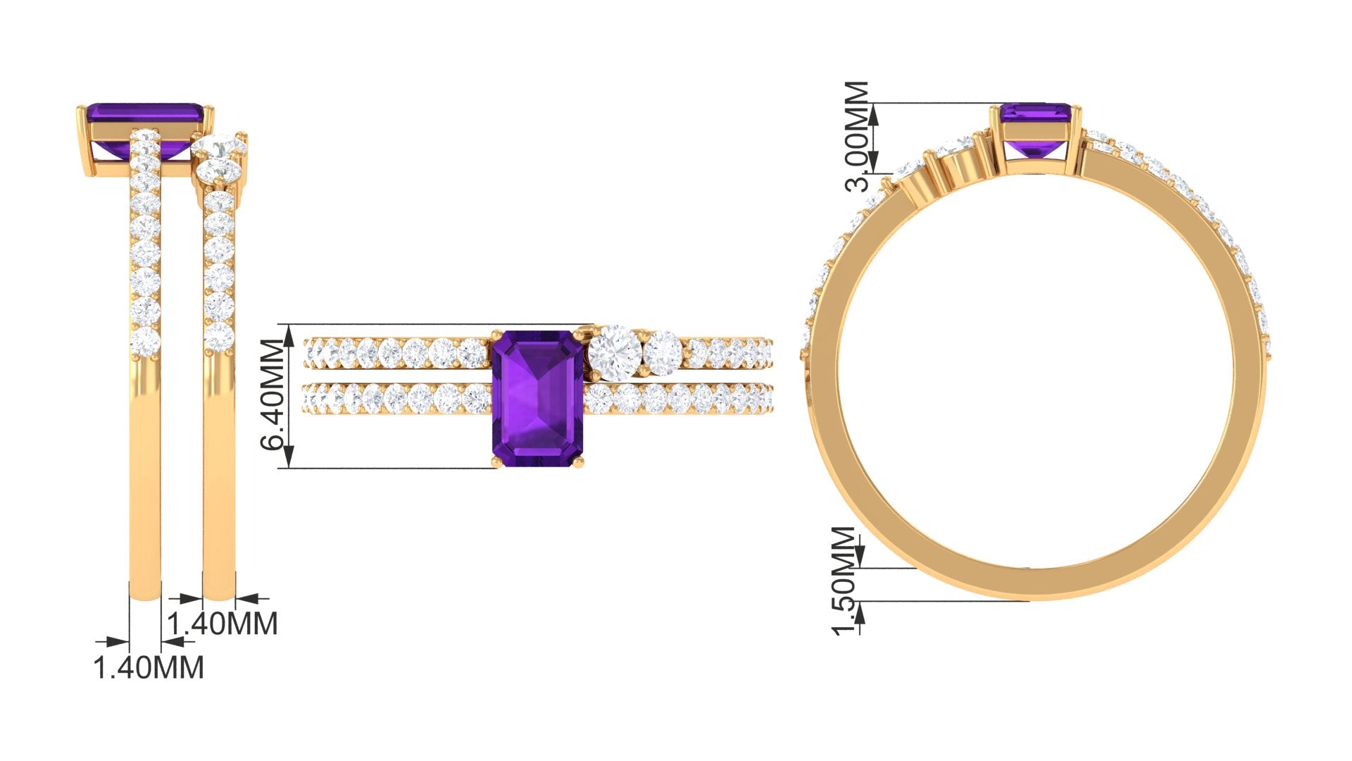 Natural 1.4 Carat Emerald Cut Amethyst Diamond Wedding Bridal Ring Set AAA - Rosec Jewels