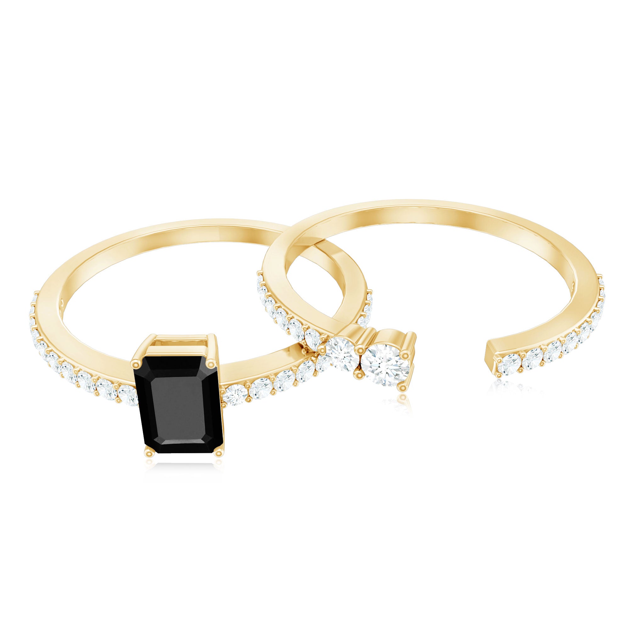 Emerald Cut Black Onyx and Diamond Bridal Ring Set AAA - Rosec Jewels