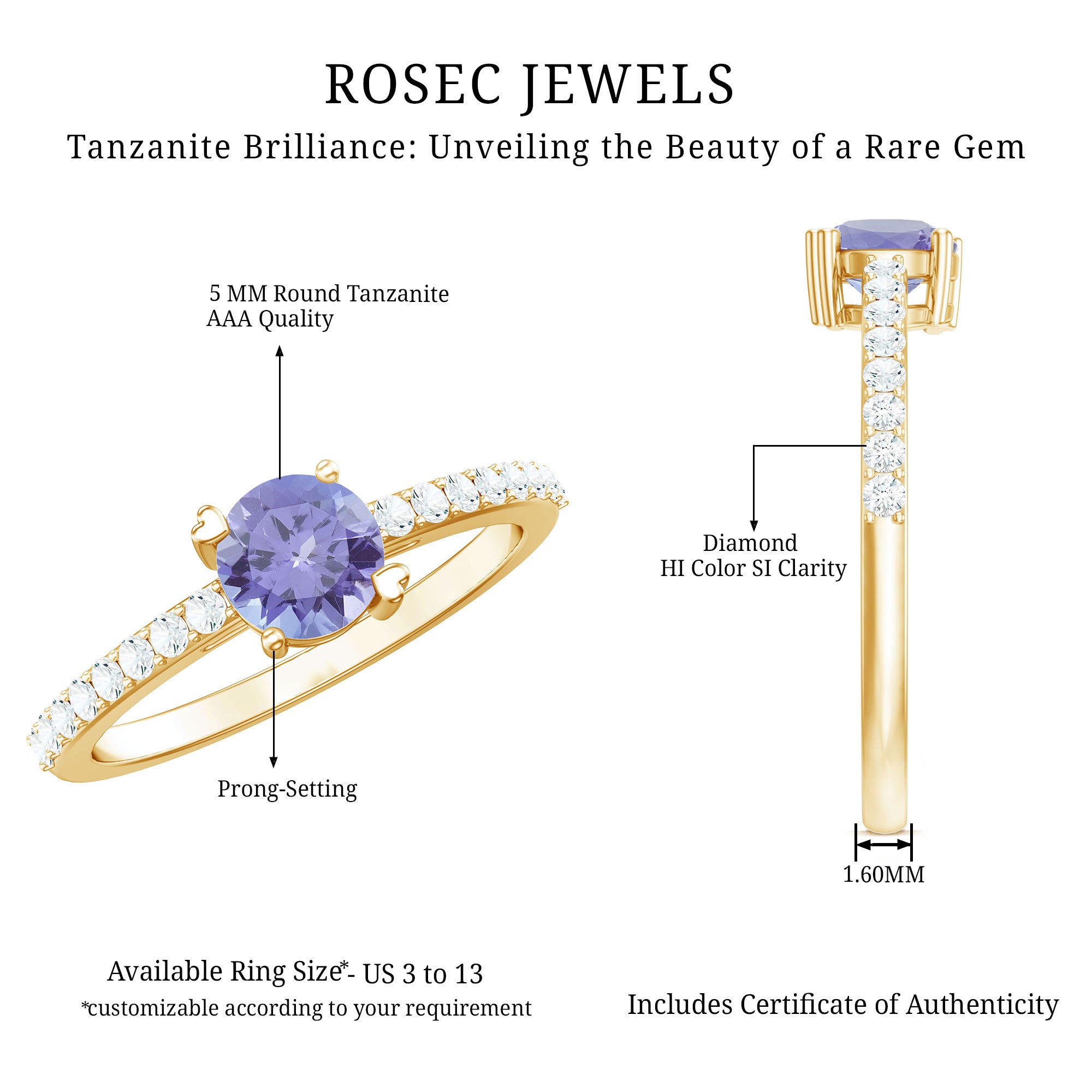 Certified Real Tanzanite Promise Ring with Diamond AAA - Rosec Jewels