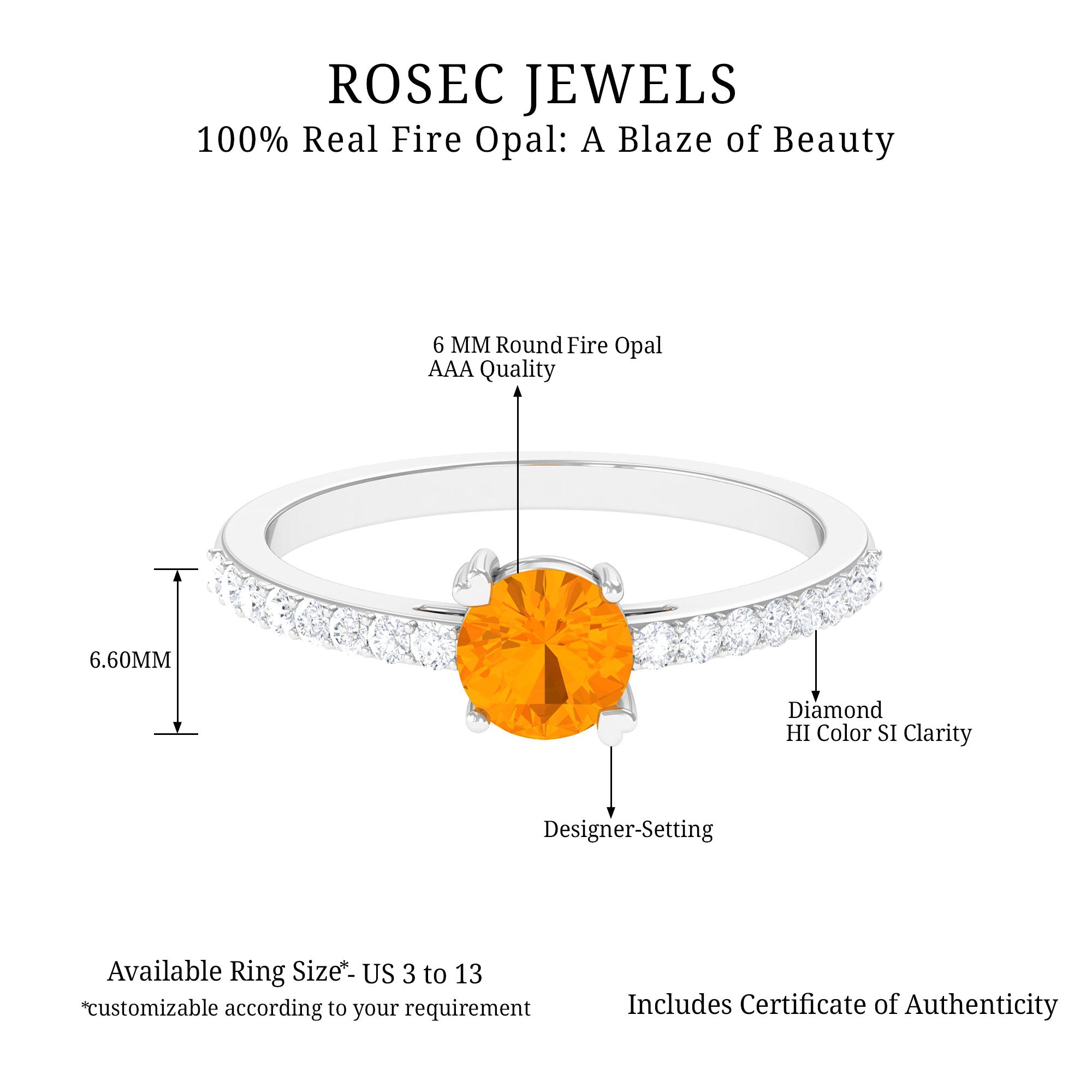 Designer Fire Opal Promise Ring with Diamond AAA - Rosec Jewels