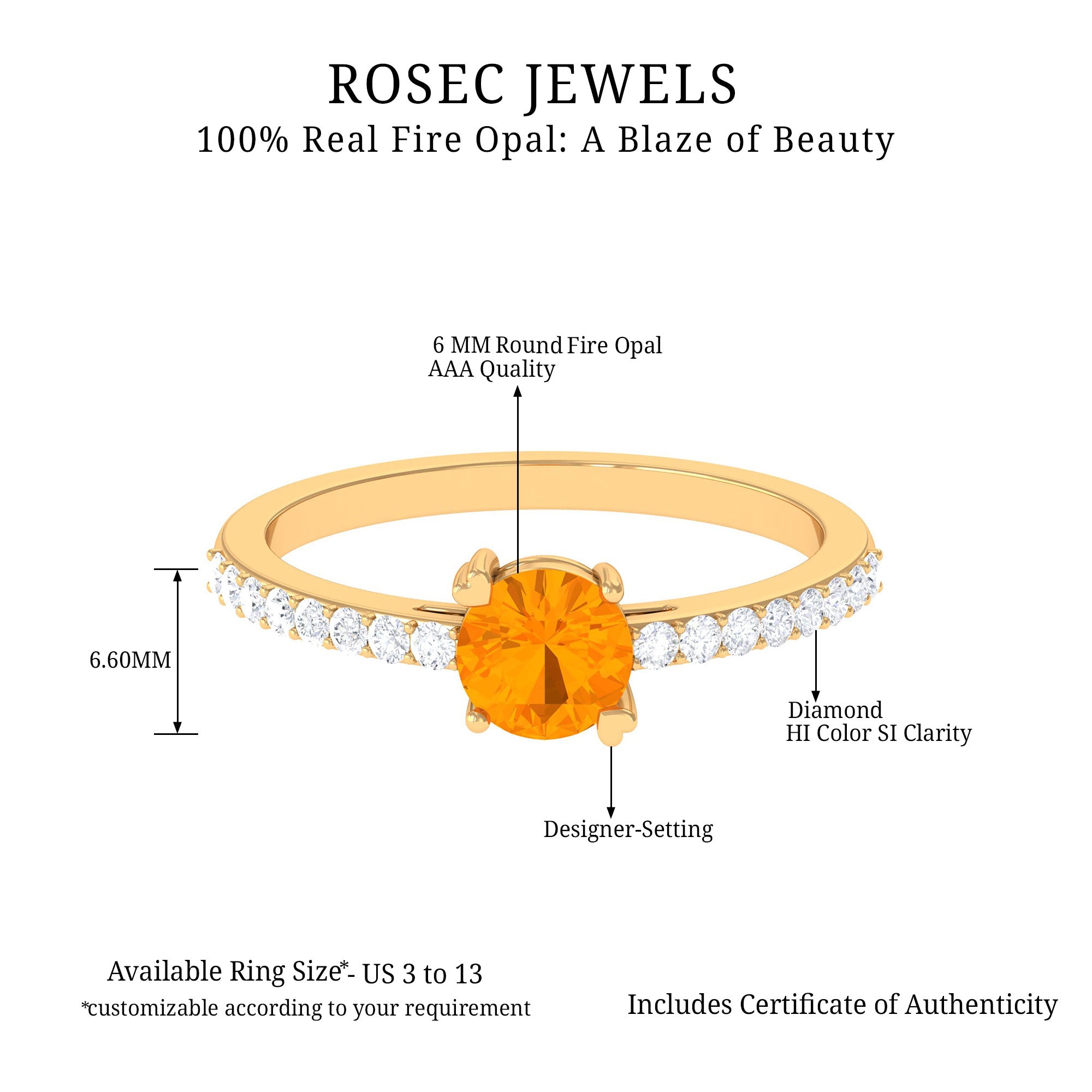 Designer Fire Opal Promise Ring with Diamond AAA - Rosec Jewels