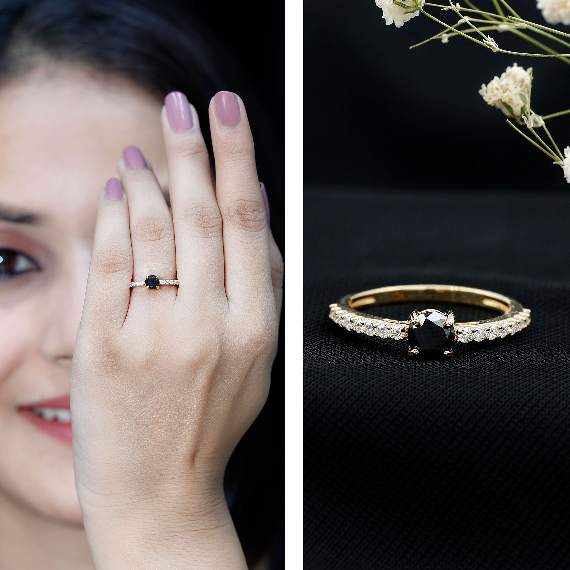 Rosec Jewels-Round Black Onyx Promise Ring with Diamond Side Stones