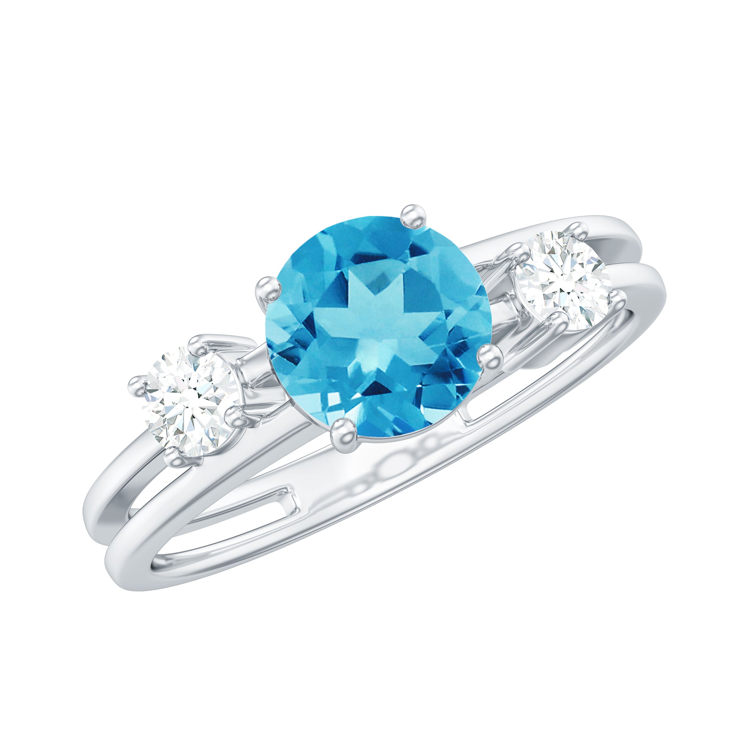 Swiss Blue Topaz Solitaire Double Band Ring with Diamond