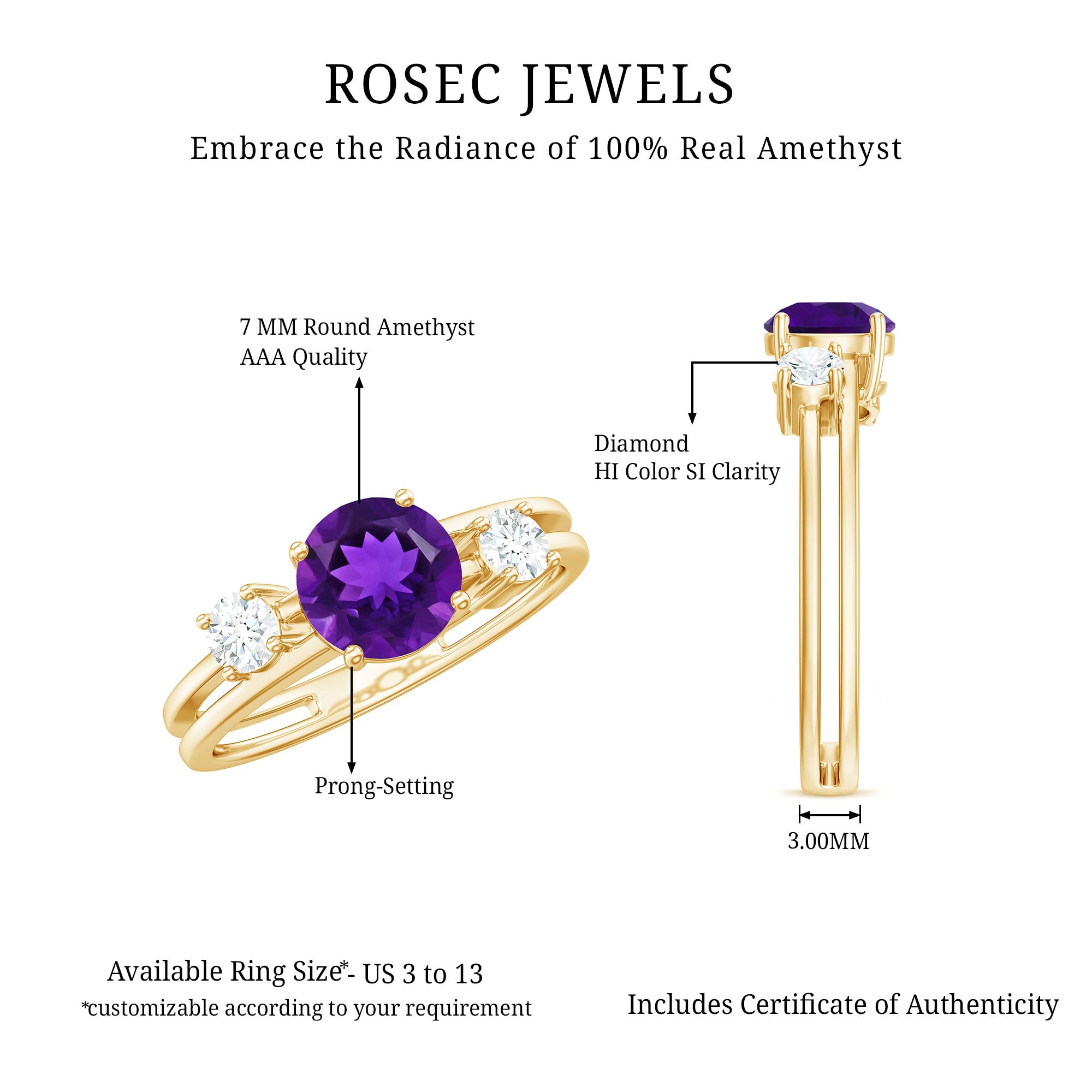 Natural 1.2 Carat Amethyst Double Band Engagement Ring with Diamond AAA - Rosec Jewels